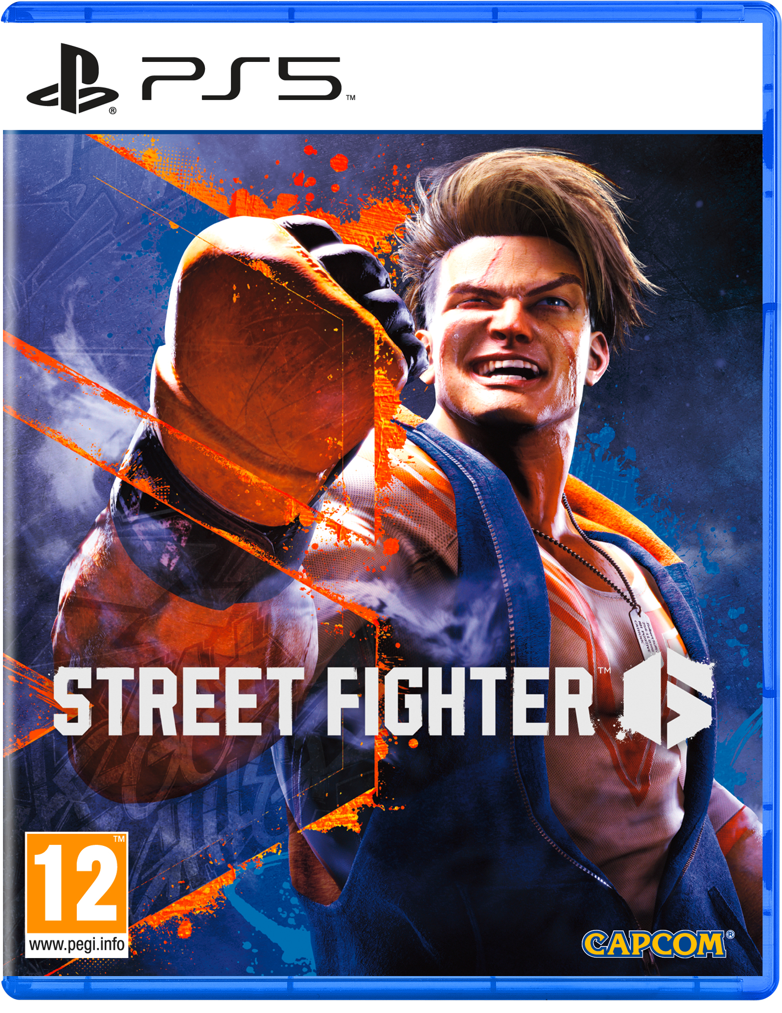 Street Fighter oyun kapağı, kaslı adam, turuncu ve mavi renkler.