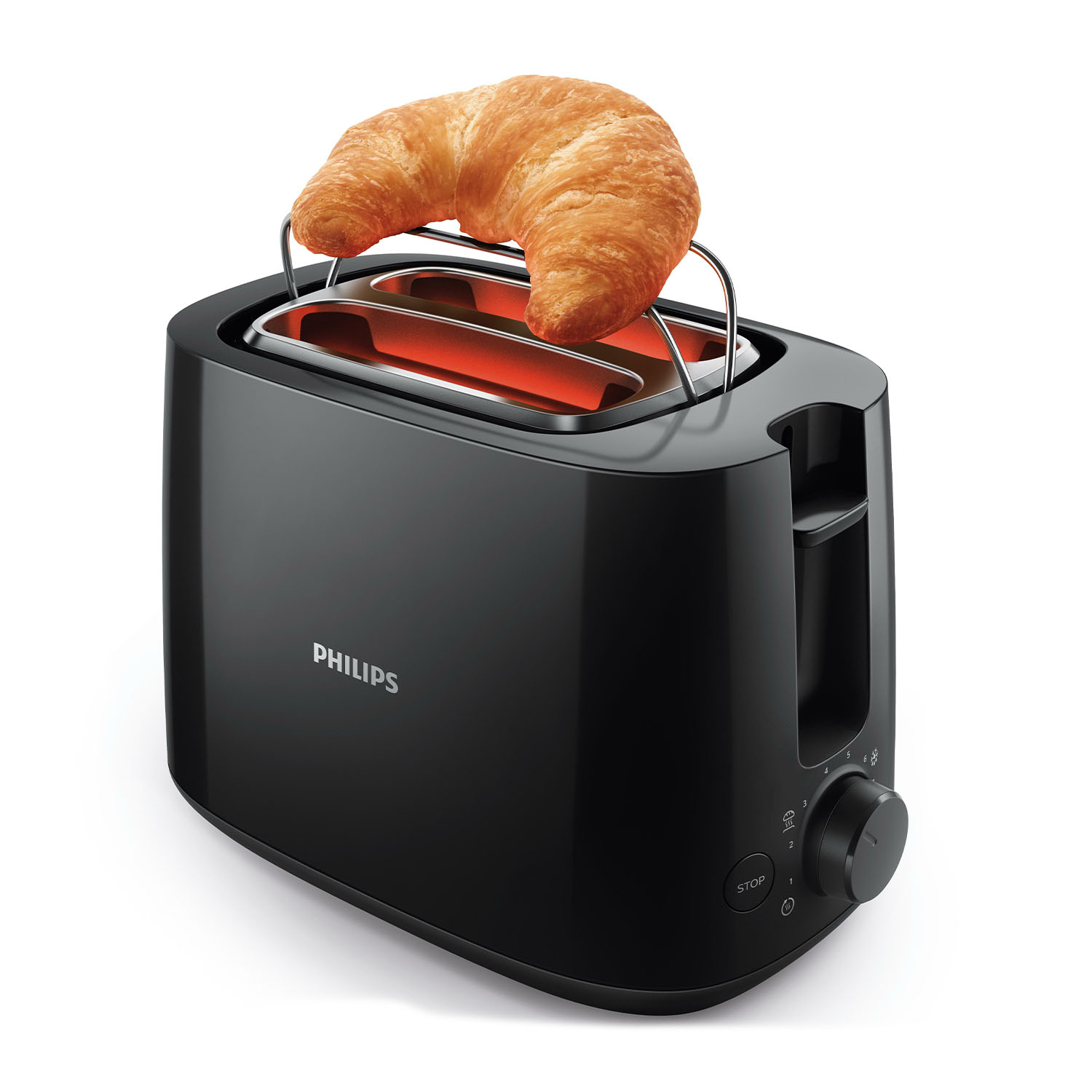Un tostapane Philips nero con un croissant sopra. L'interno si illumina di rosso, indicando la tostatura.