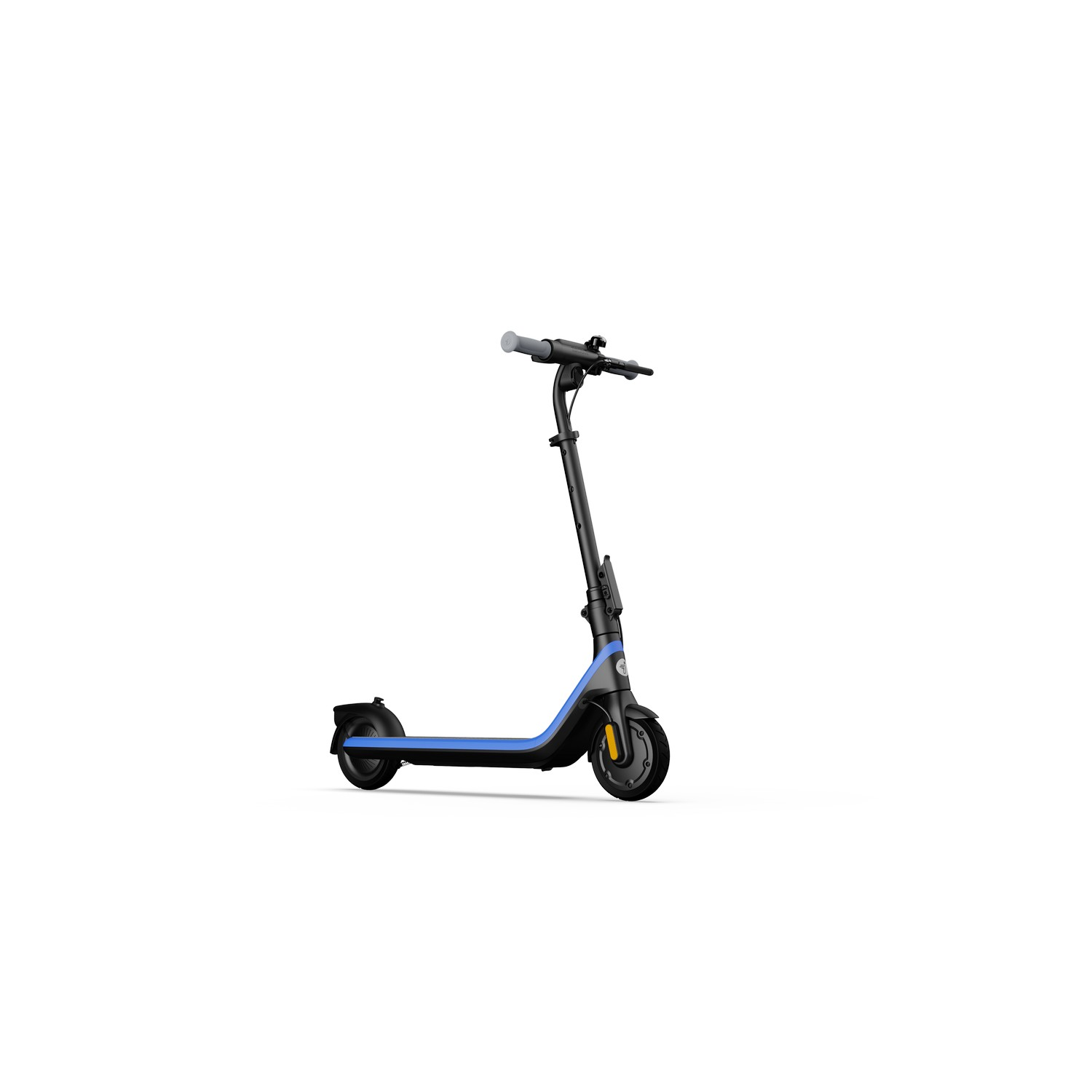 An electric scooter in a white background, it is black and blue.