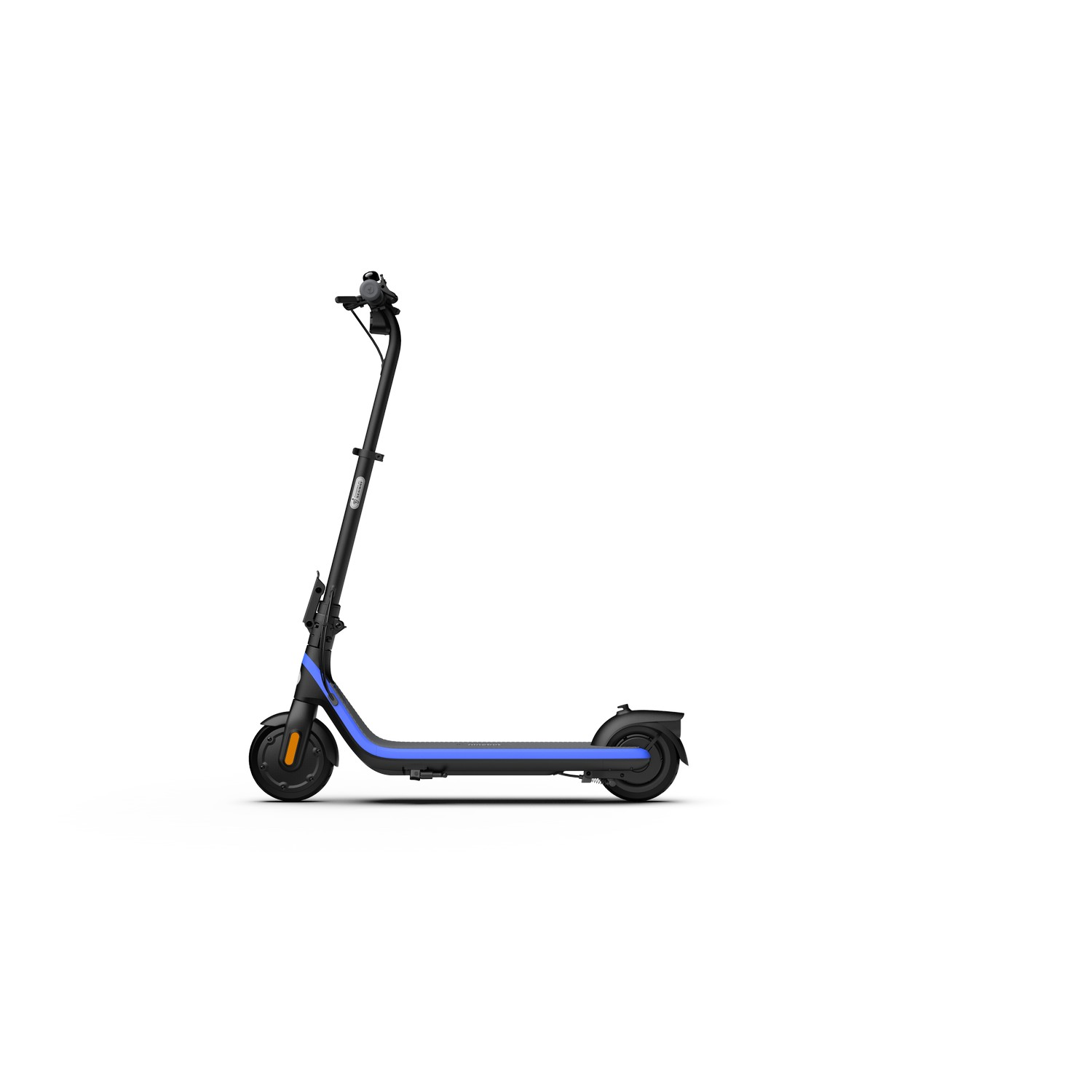 Electric scooter with blue accents and a curved frame on a white background.
