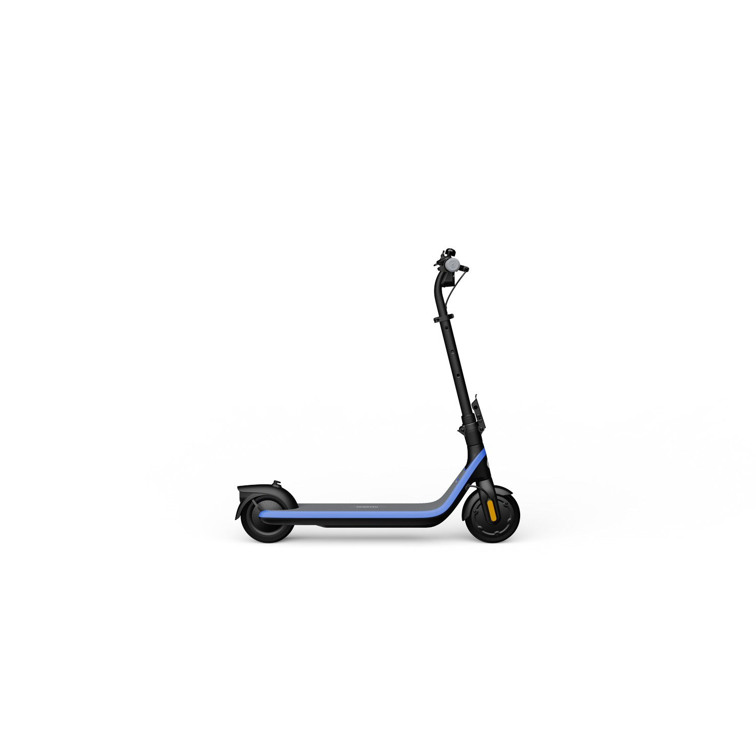 Black and blue electric scooter on white background. It has a black handlebar and a blue line on the deck.