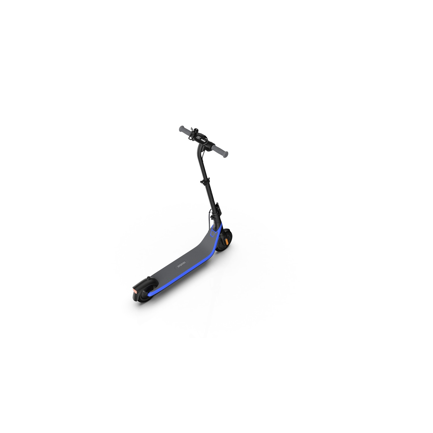 A black and blue electric scooter on a white surface.