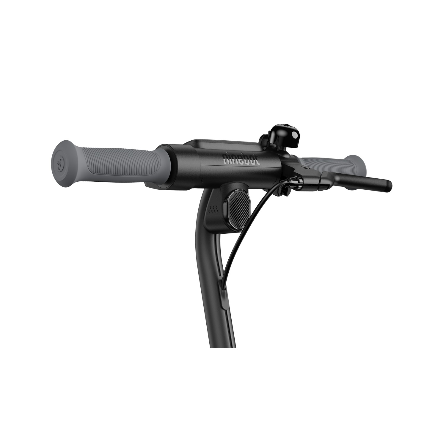 Close-up of the handlebars of a scooter. Grey grips, black bell and stem.