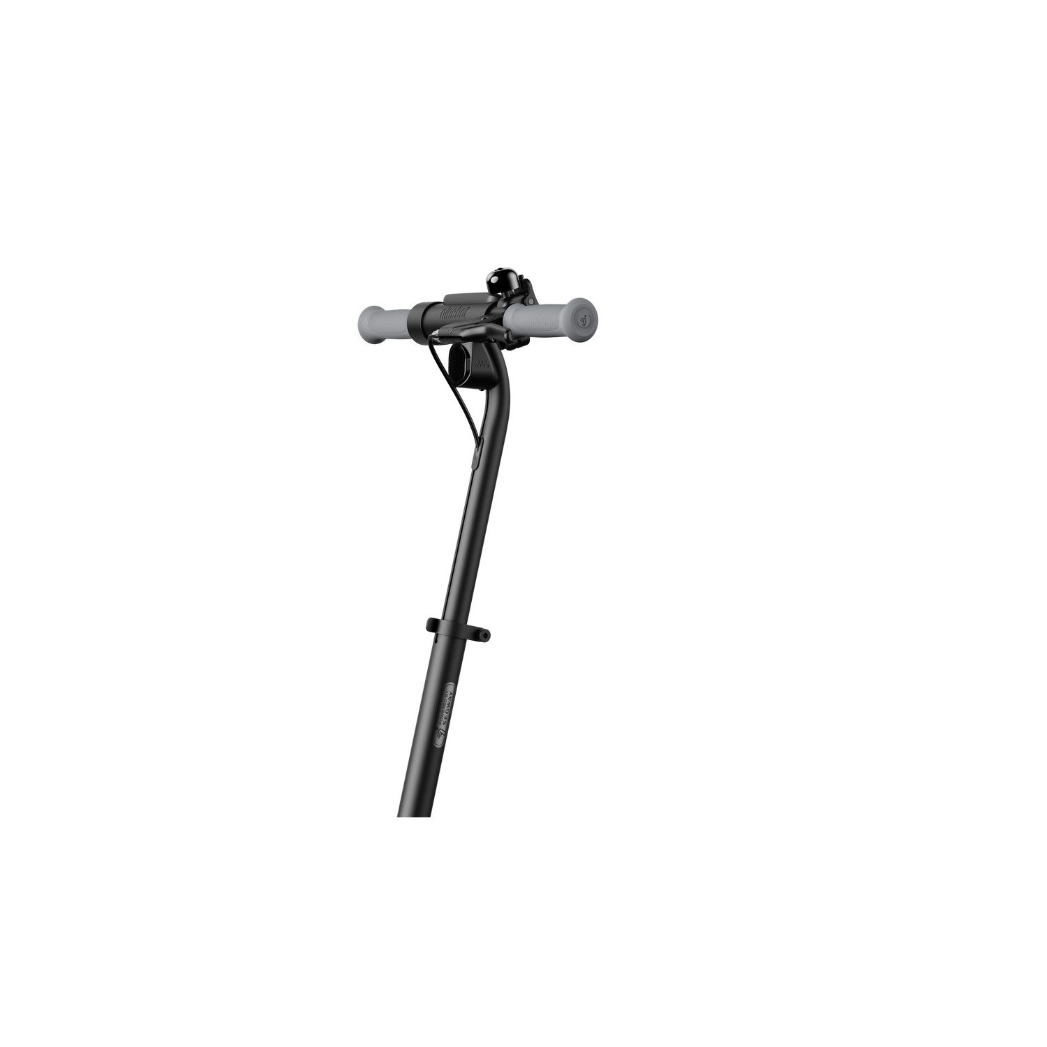 Handlebar of a black electric scooter. White background.