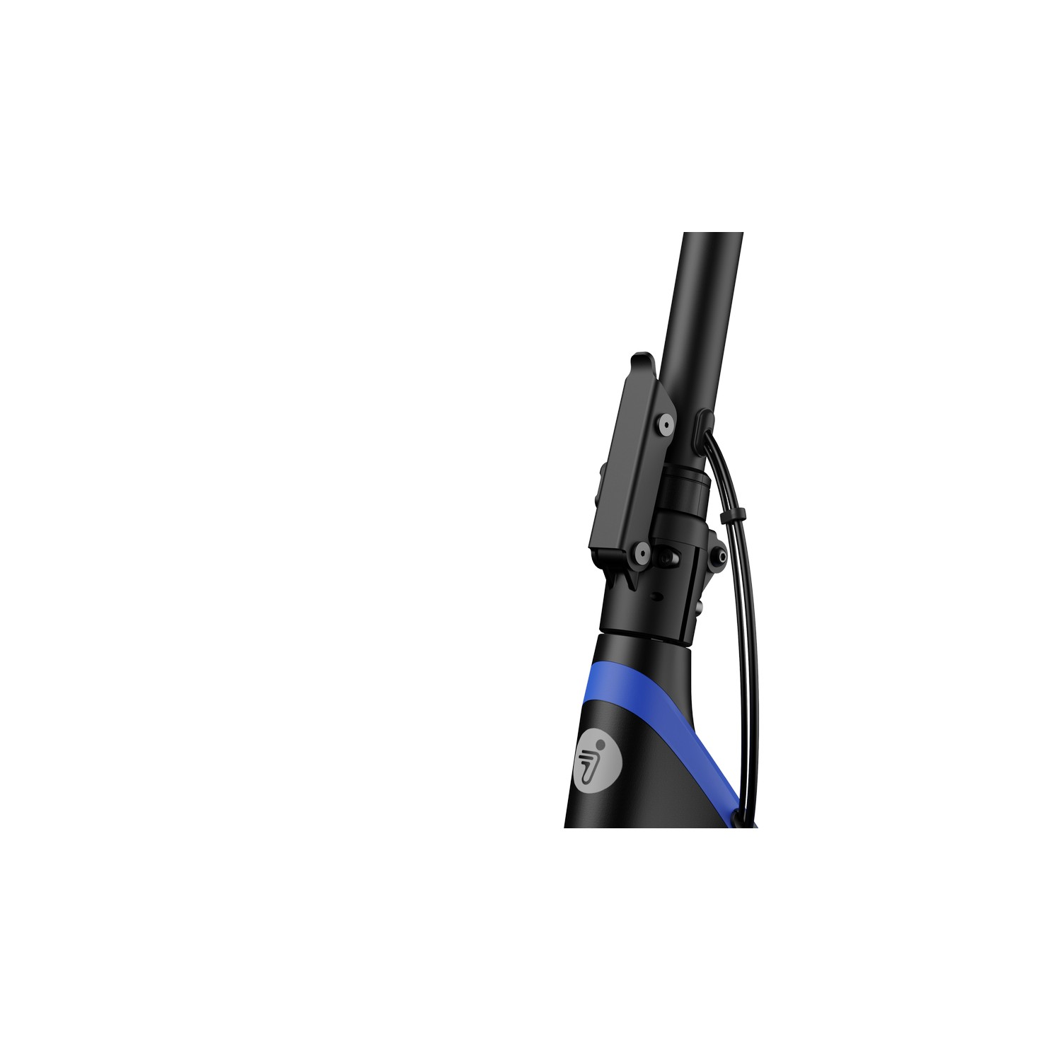 Close-up of a scooter's stem. Black with blue accents. The scooter's logo is visible.