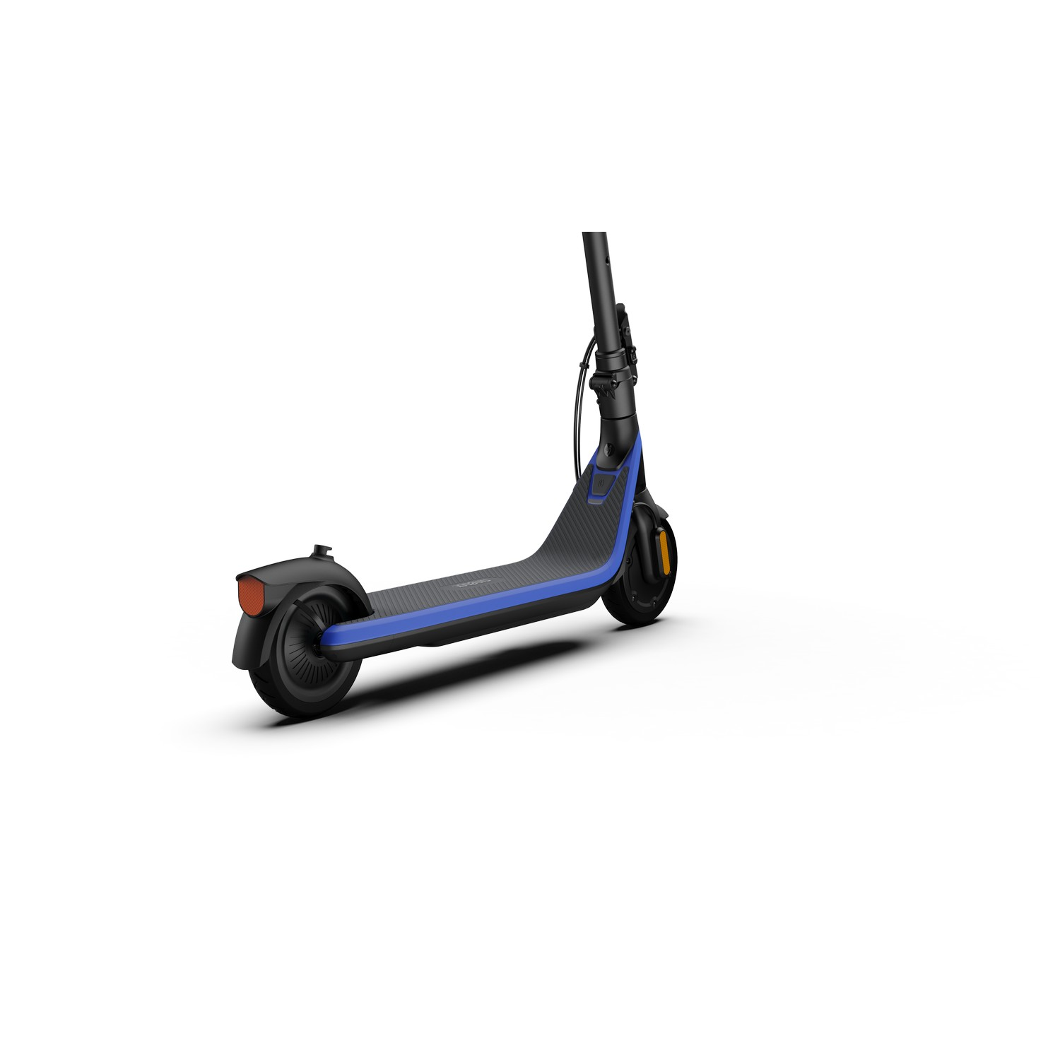 Blue and black electric scooter on a white background. The rear wheel is visible.