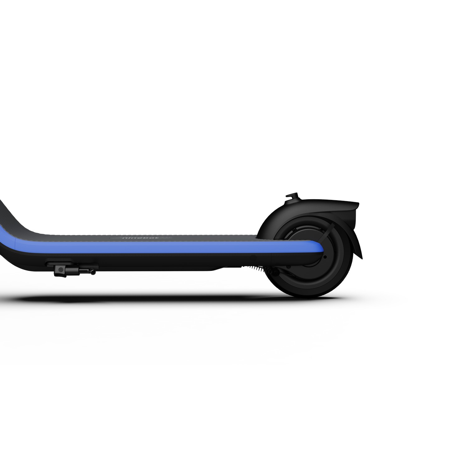 A side view of a black and blue electric scooter on a white background.
