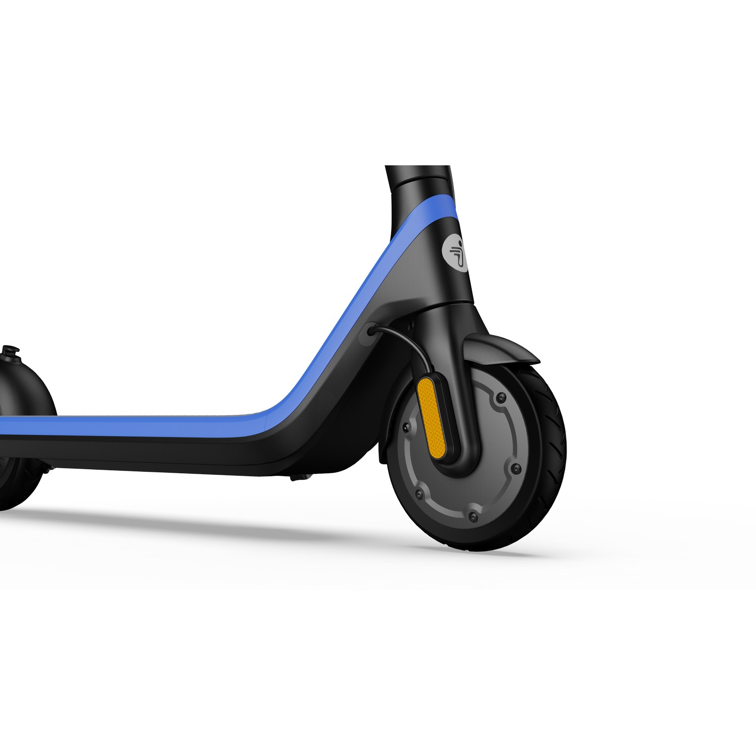 Electric scooter detail: front wheel, blue accents, black body, white background.