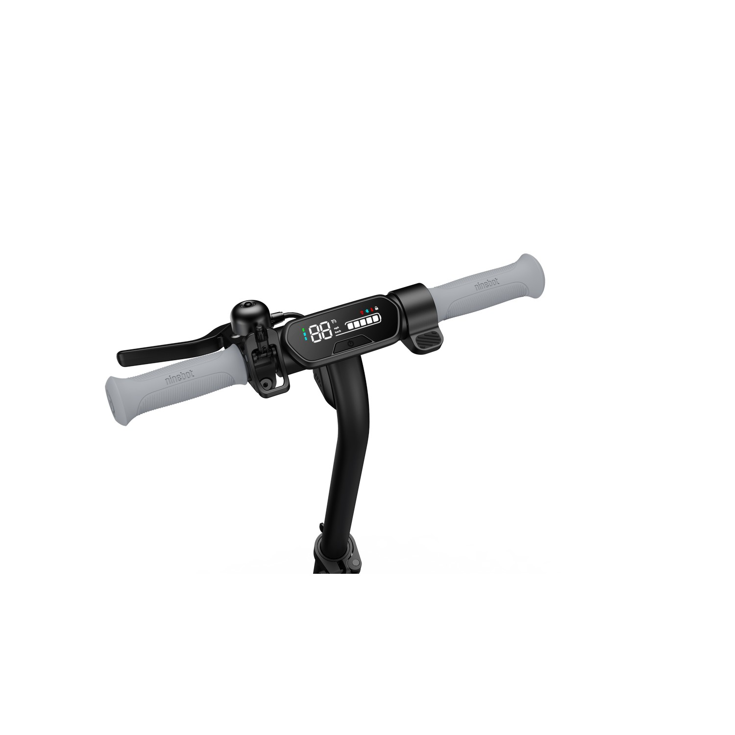 Close-up of a scooter handlebar with controls and display.