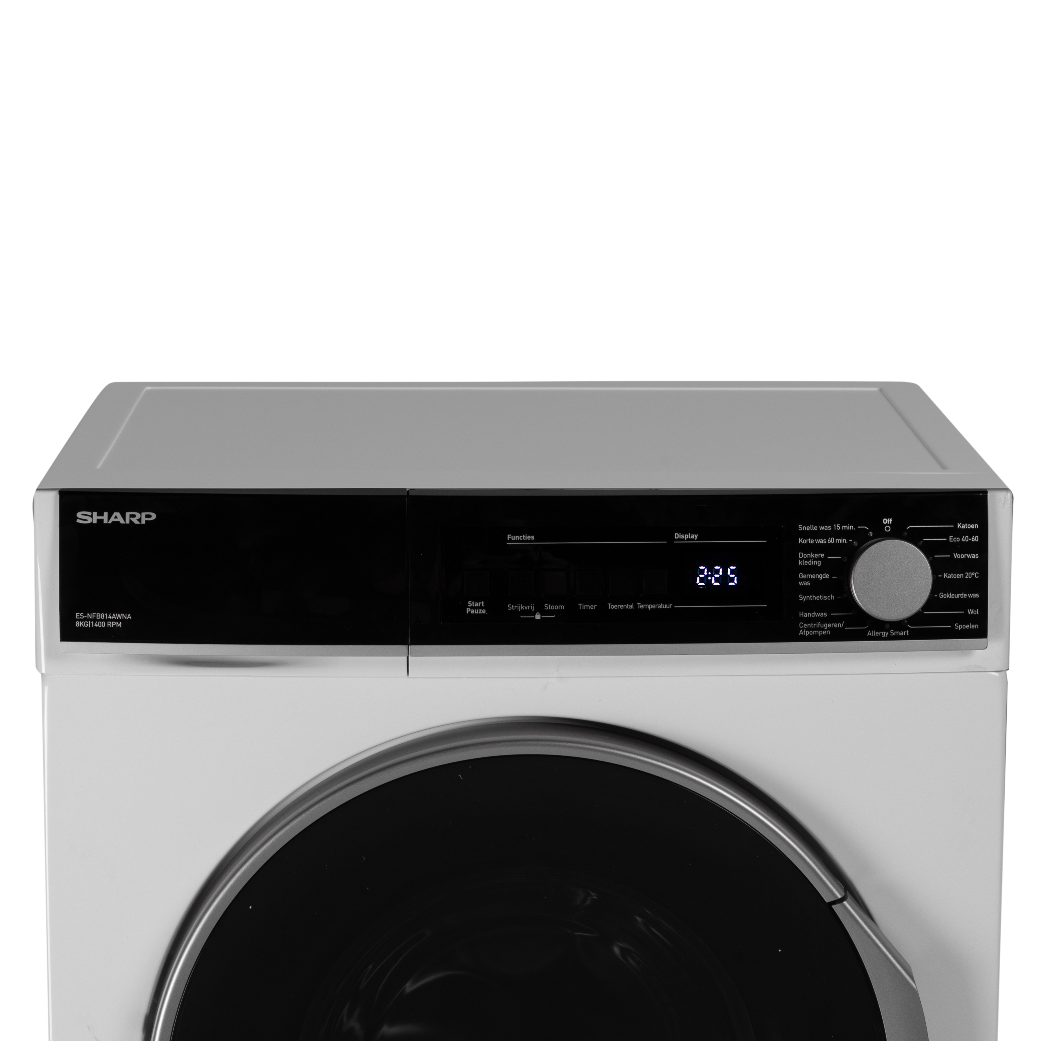 Un sèche-linge SHARP blanc et noir avec un affichage numérique indiquant l'heure.