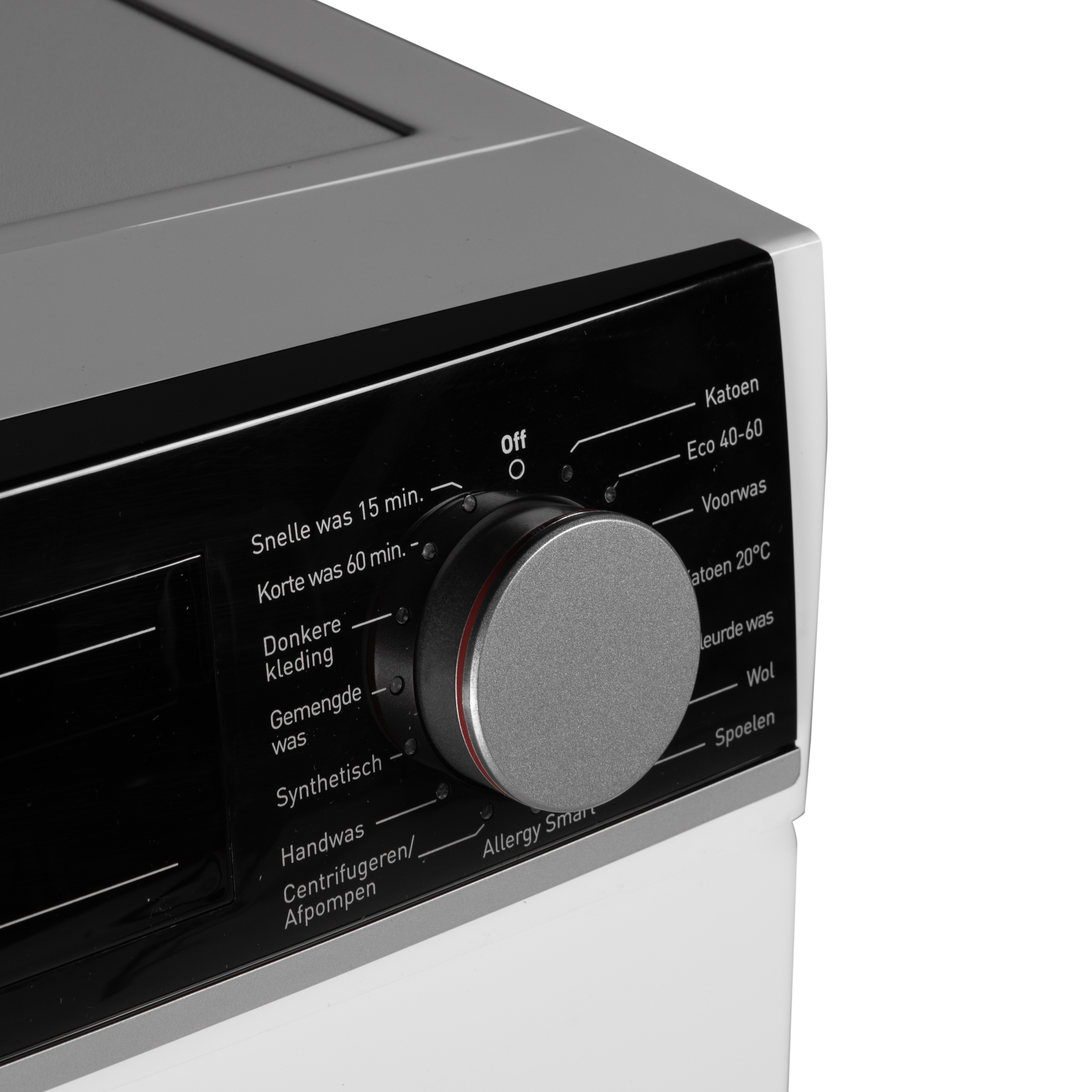 Panneau de commande de lave-linge, gros plan, avec bouton et diverses options de lavage.