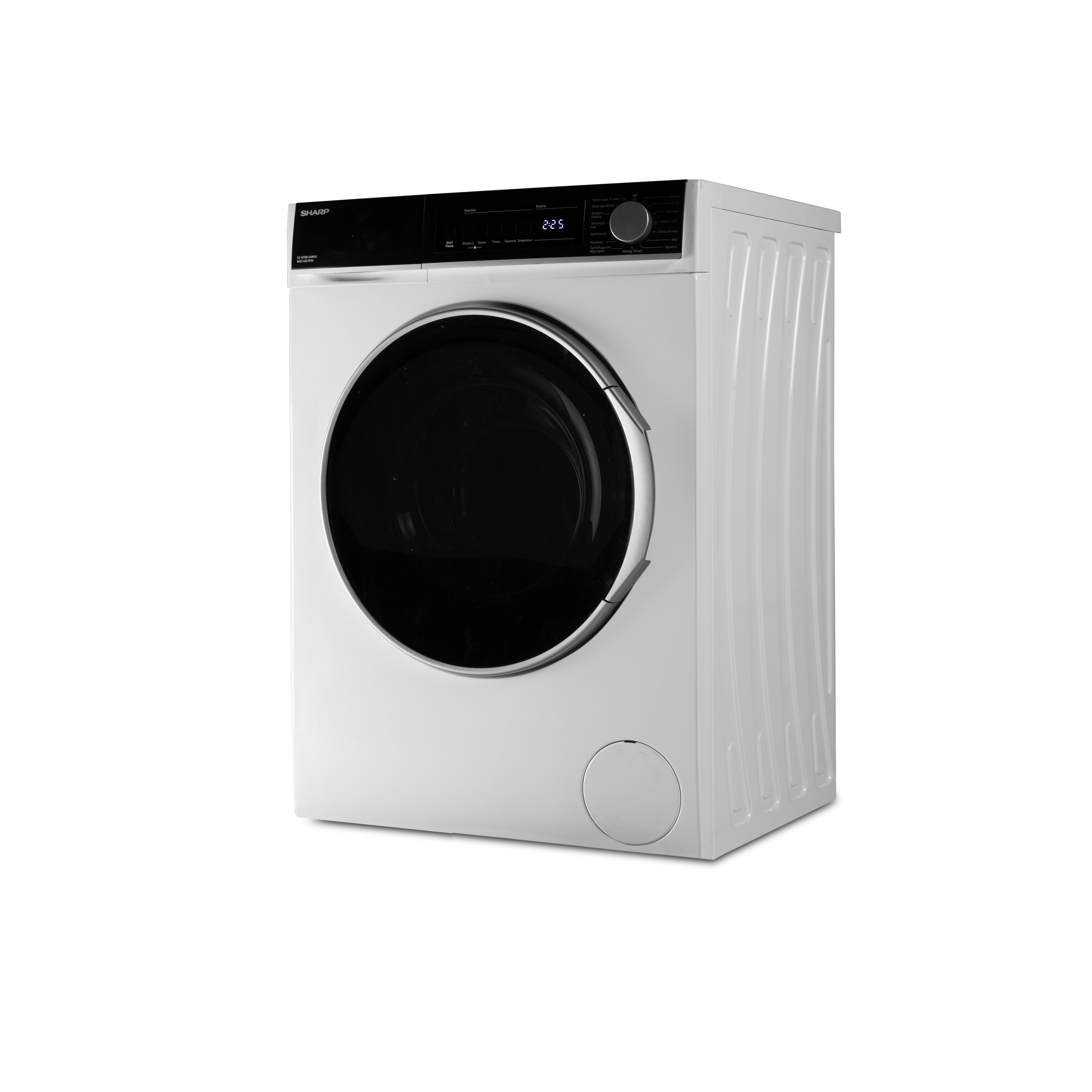 Lave-linge blanc avec porte circulaire noire et panneau de commande.