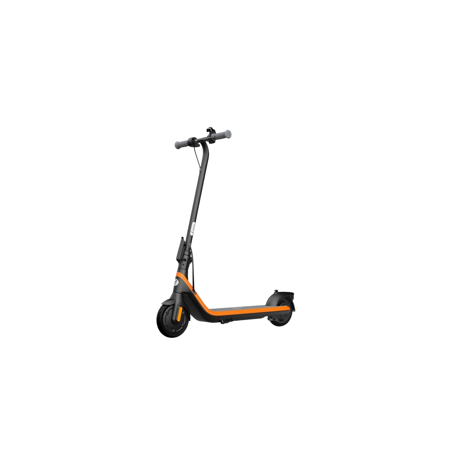 Zwarte en oranje elektrische scooter. Stuur, wielen en een zwarte achtergrond.