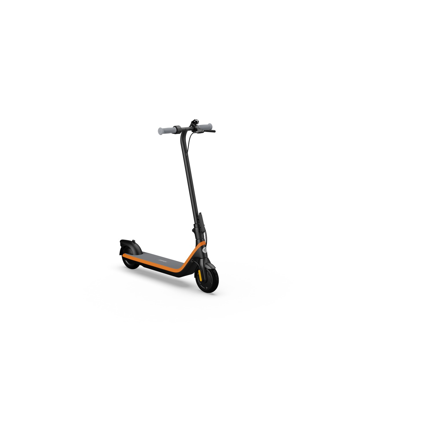 Zwarte en oranje elektrische scooter met stuur en wielen op een witte achtergrond.