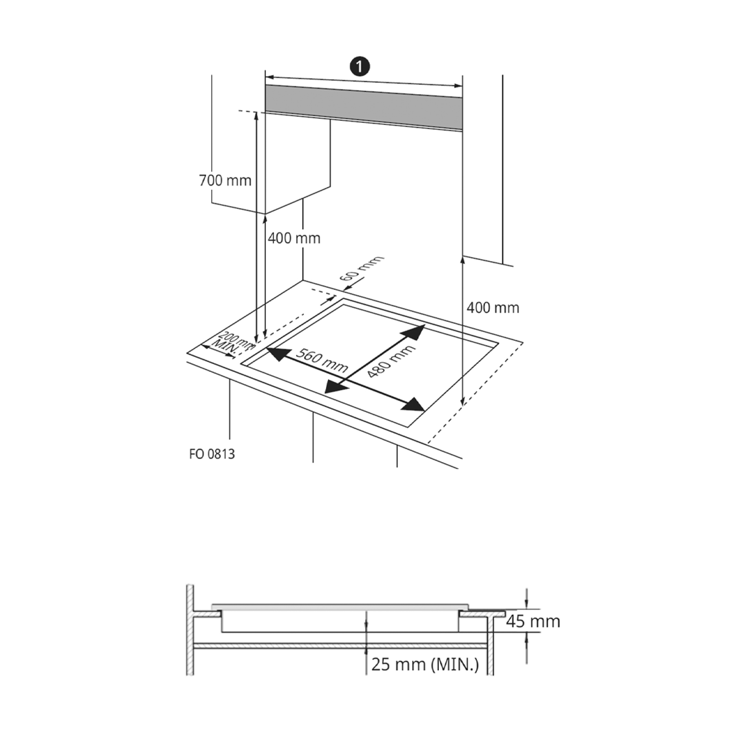 Diagramma con dimensioni per l'installazione di un piano cottura. Sfondo bianco.