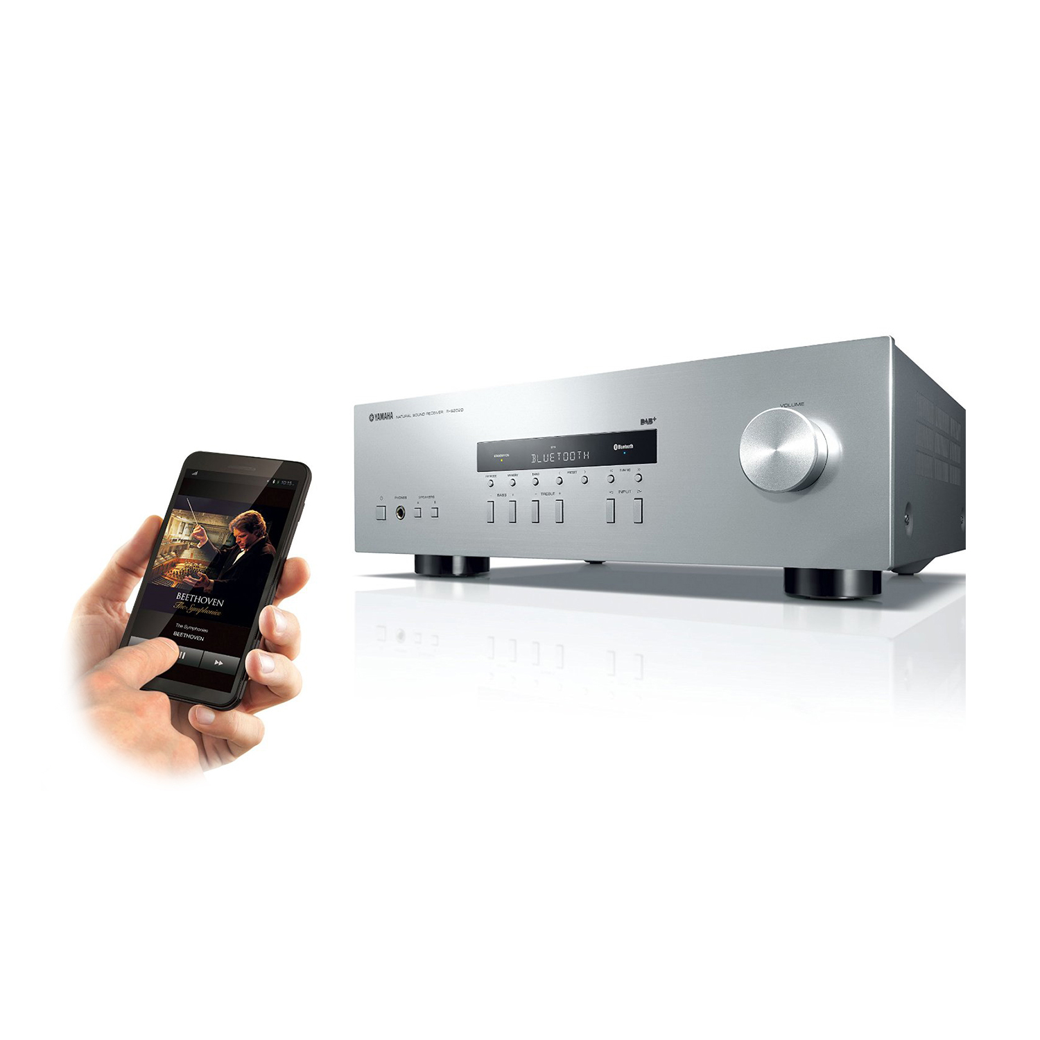 Ricevitore Yamaha argento con telefono che mostra musica.
