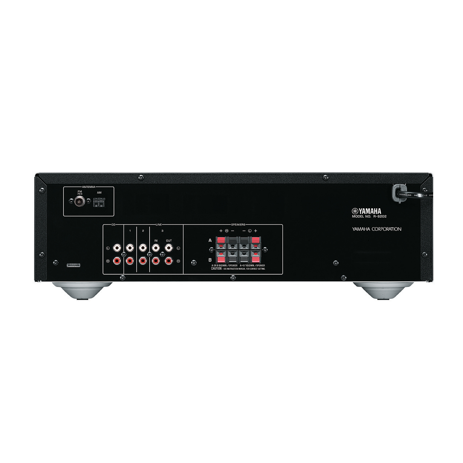 Il retro di un ricevitore stereo Yamaha che mostra varie porte di ingresso/uscita e morsetti per altoparlanti.