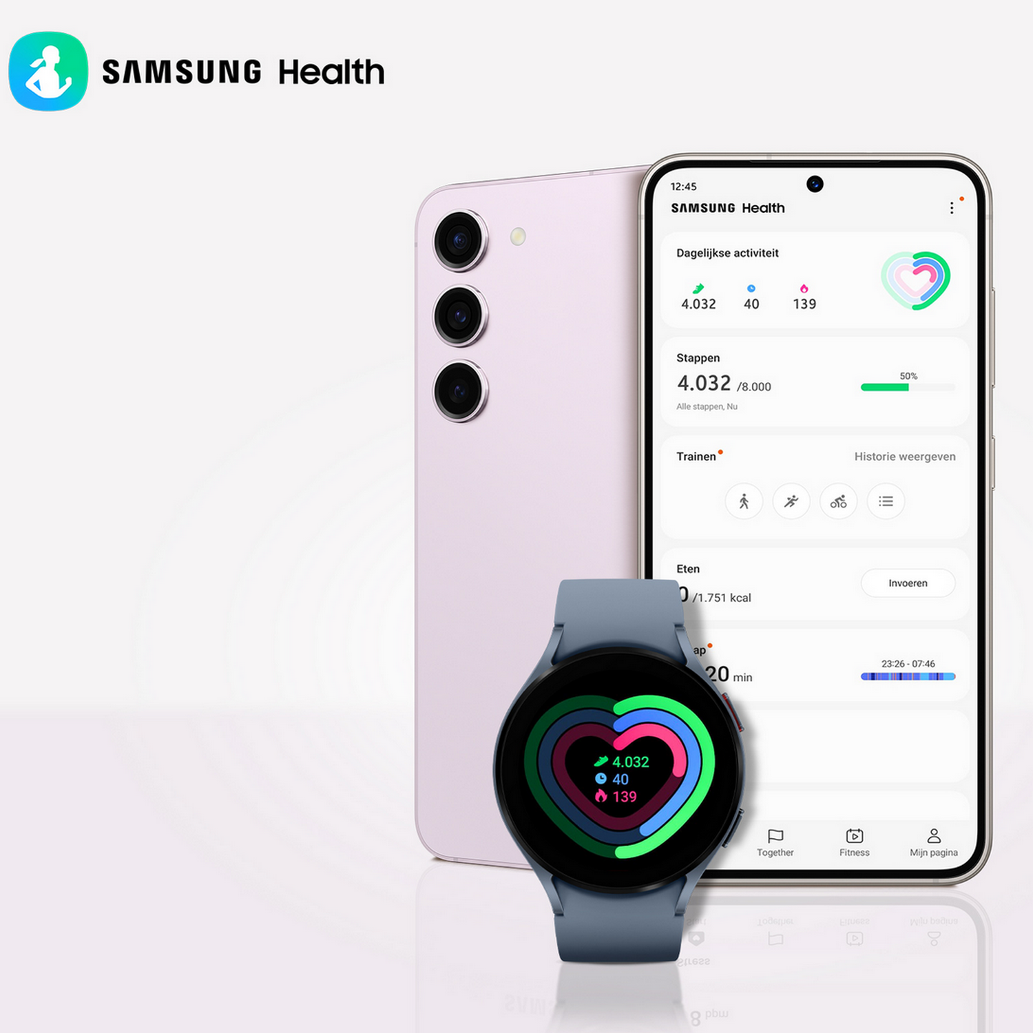 Samsung Health-app op telefoon en smartwatch, met gezondheidsgegevens en activiteitstracking.