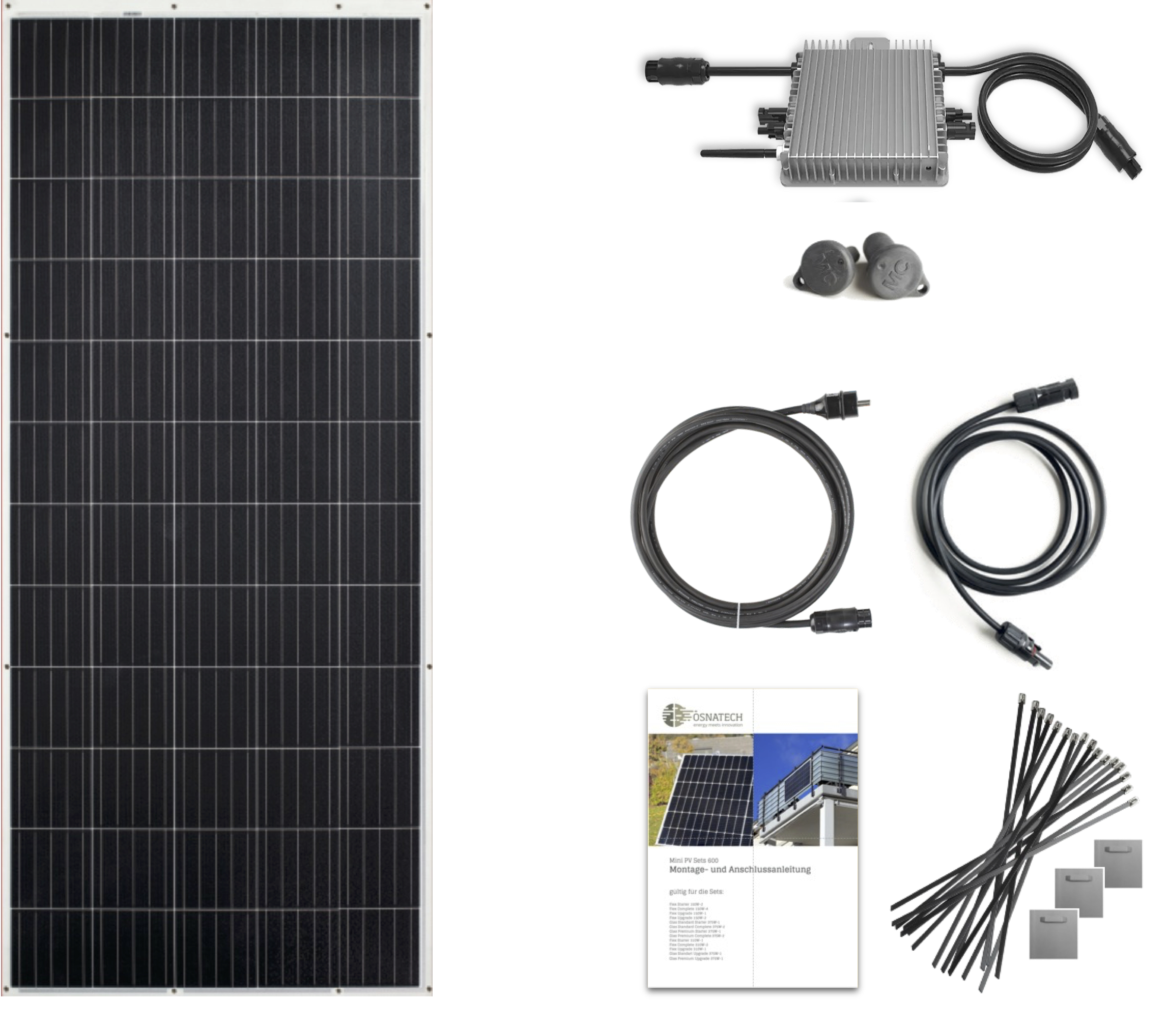 Solarpanel mit Zubehör, einschließlich Kabeln und Halterung.