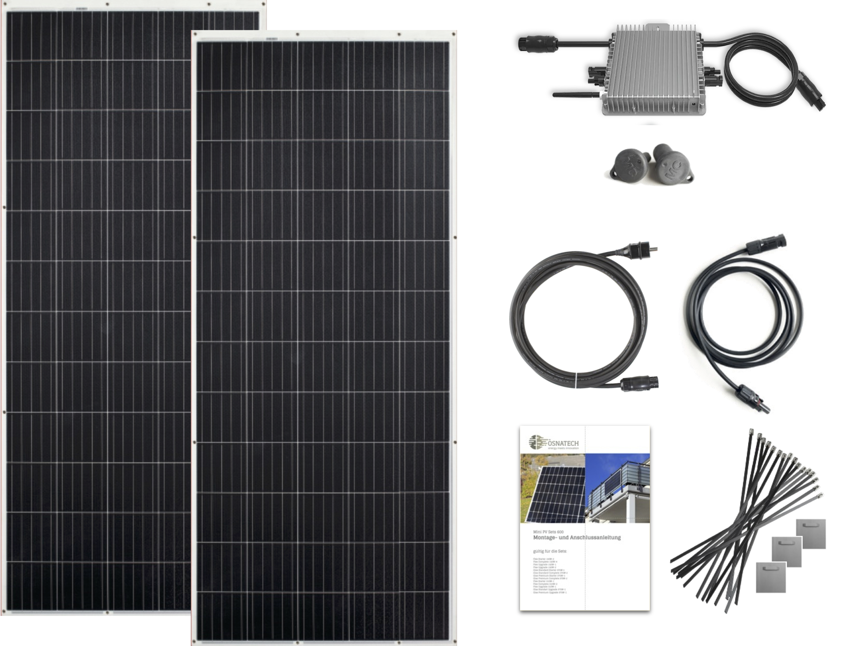Solarpanel-Set mit Komponenten: Wechselrichter, Kabel, Stecker und Befestigungselemente.