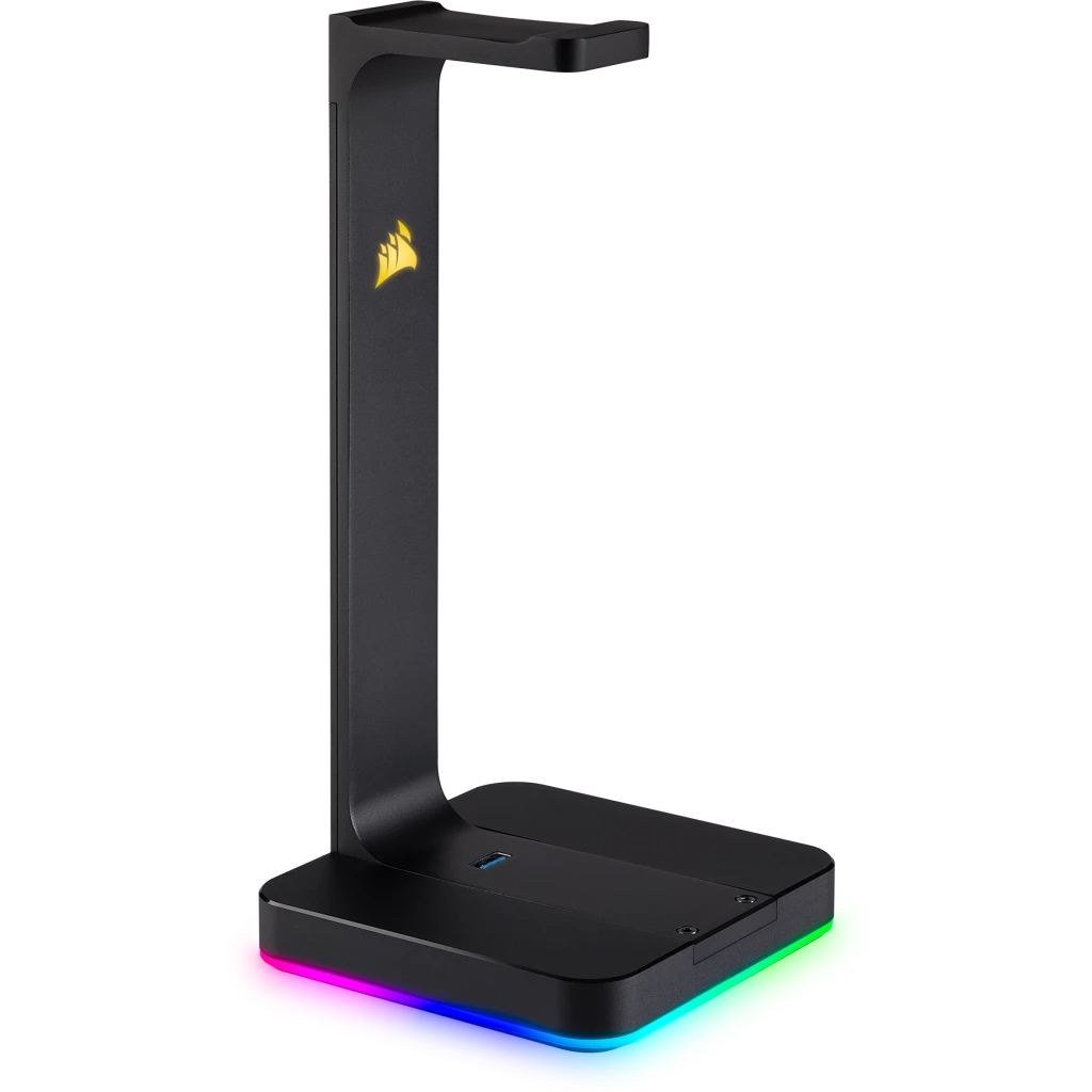 Fekete fejhallgató állvány arany logóval. Az alap többszínű megvilágítású, és USB porttal rendelkezik.