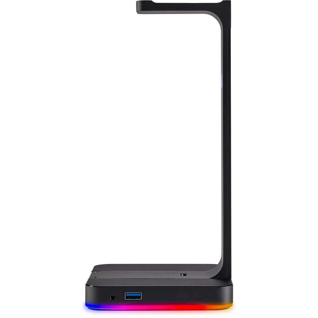 Fekete fejhallgató állvány RGB világítással, USB porttal és fehér Corsair logóval.