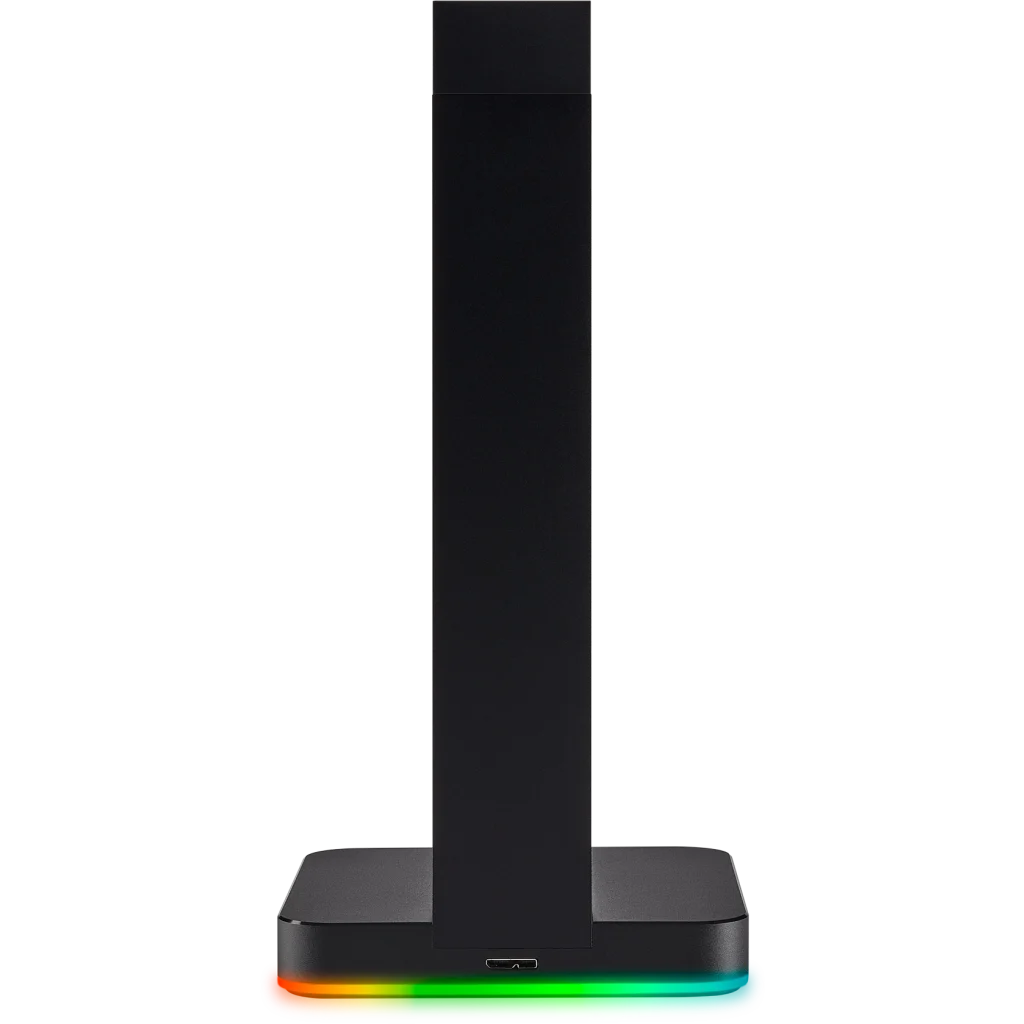 Fekete fejhallgató állvány RGB világítással és USB porttal.