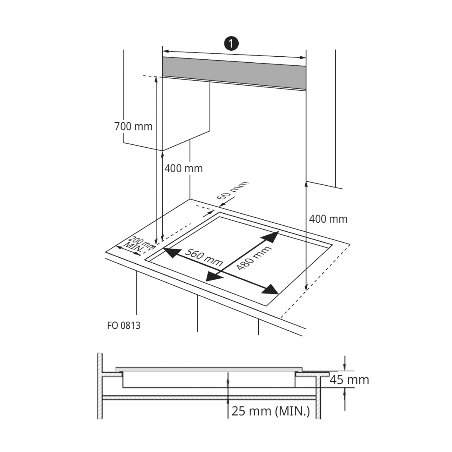 Diagramma con dimensioni per l'installazione di un piano cottura, con misure in mm.