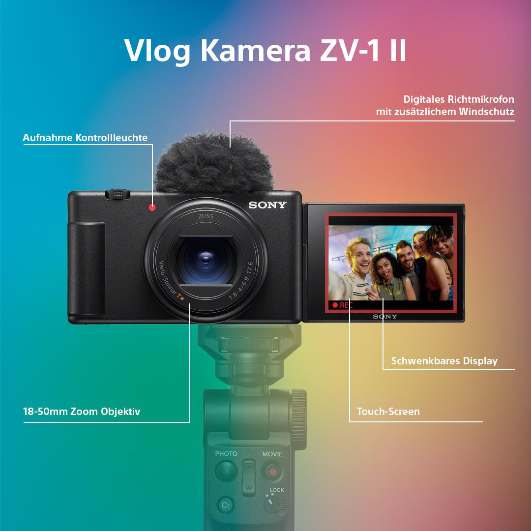opt. II Xtra Vlog Fine Digitalkamera 2.7x Selfie-Touchdisplay, Zoom, ZV-1 WLAN Schwarz, SONY