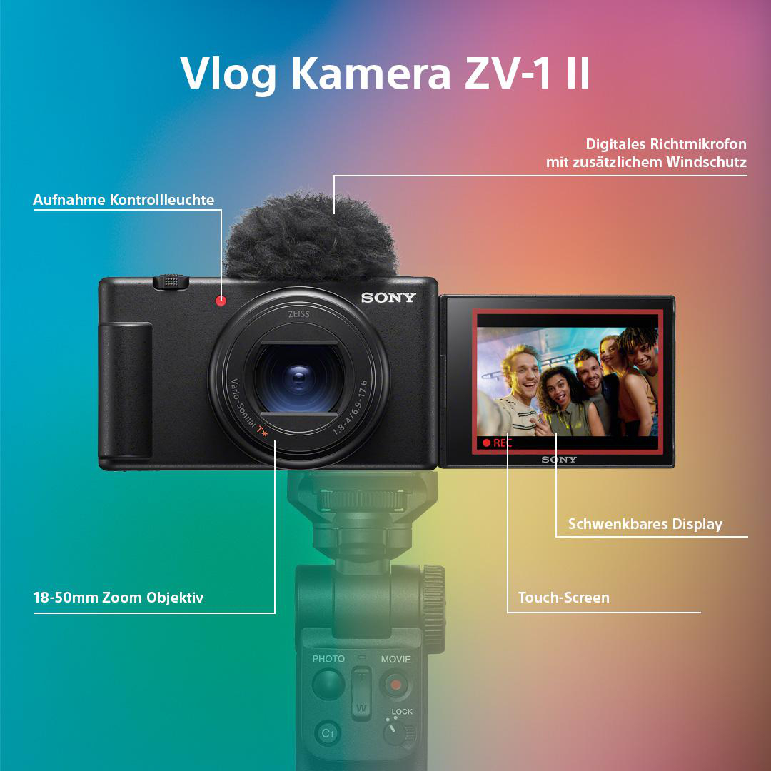 Eine schwarze Vlog-Kamera mit Mikrofon und einem Bildschirm, der Personen zeigt.
