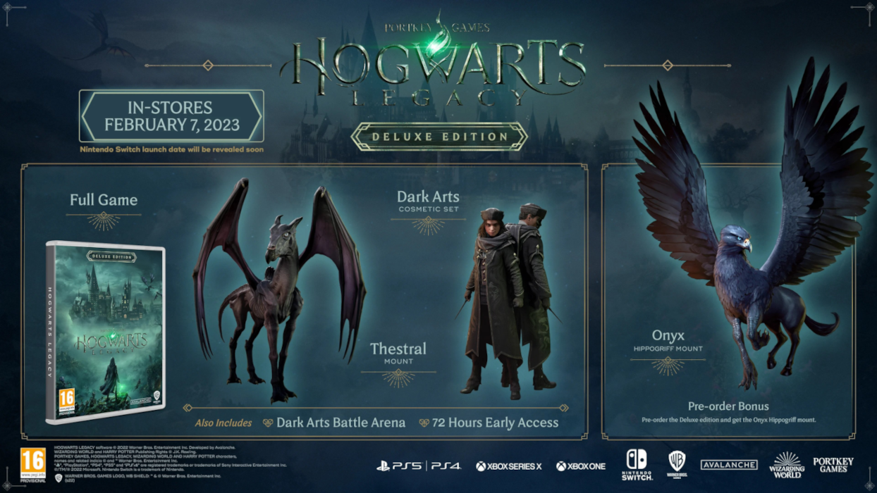 A Hogwarts Legacy játék borítója és karakterei egy promóciós képen, deluxe kiadás.
