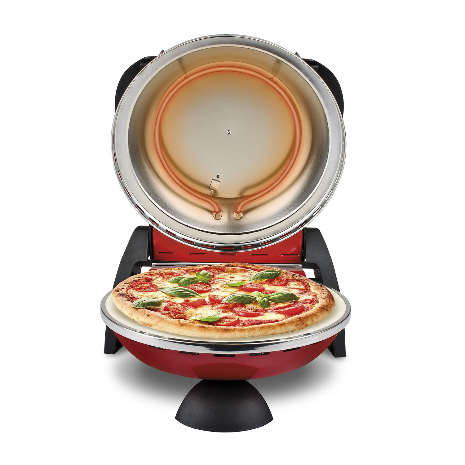 Forno per pizza rosso con pizza all'interno. La pizza ha formaggio e pomodori. Forno aperto.
