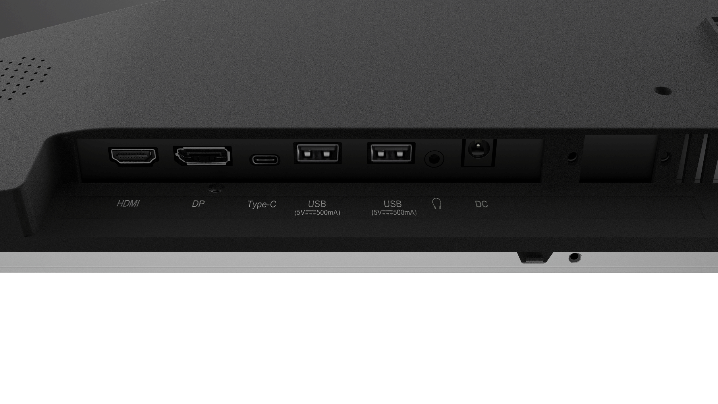 Rückseite eines Monitors mit verschiedenen Anschlüssen: HDMI, DP, Typ-C, USB, Audioanschluss und DC-Strom.