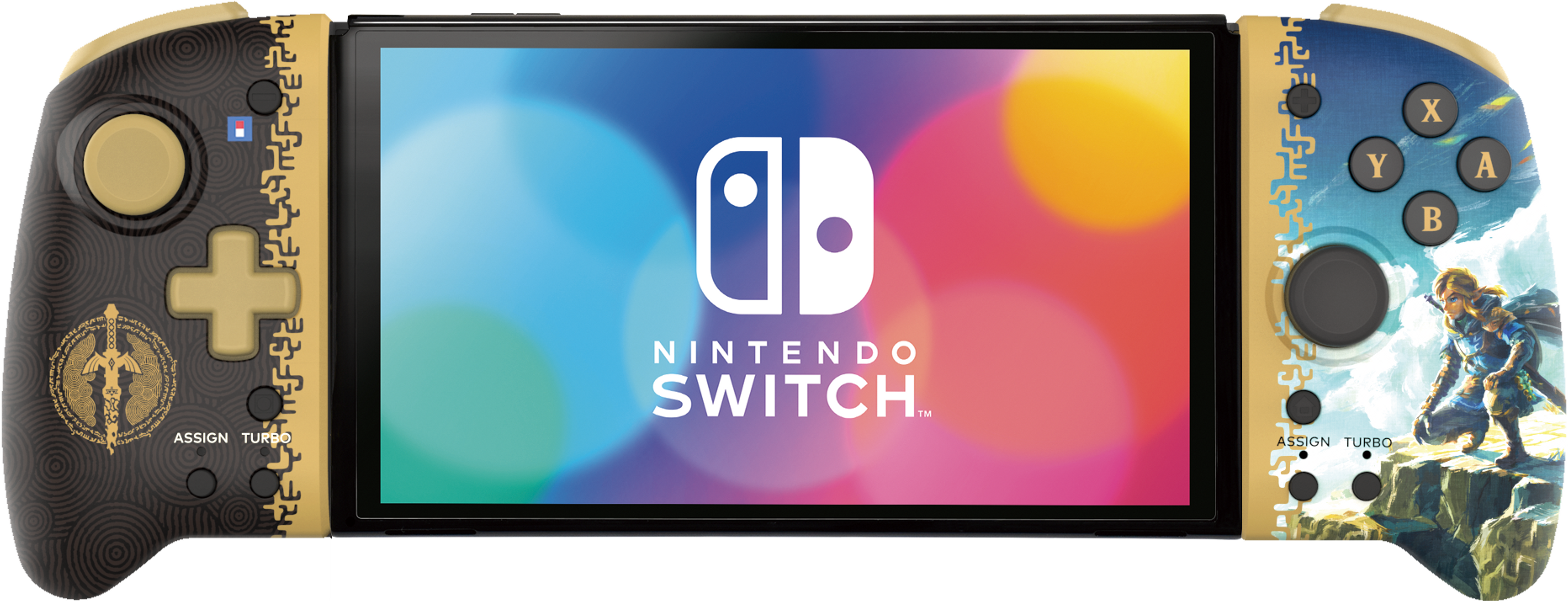 Nintendo Switch mit Controller, Zelda-Grafik.