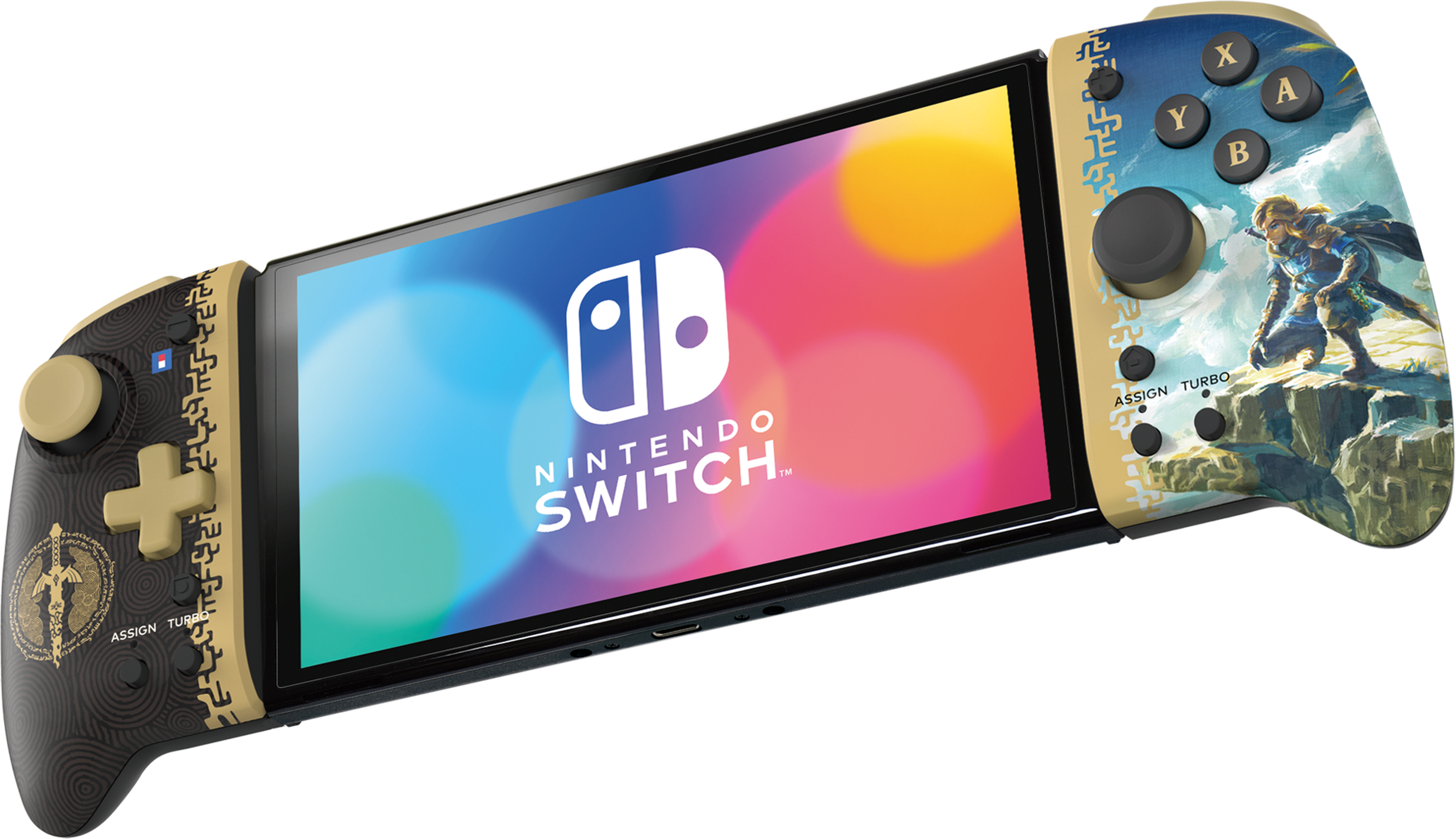 Nintendo Switch Controller im Zelda-Design mit Knöpfen und Joystick.