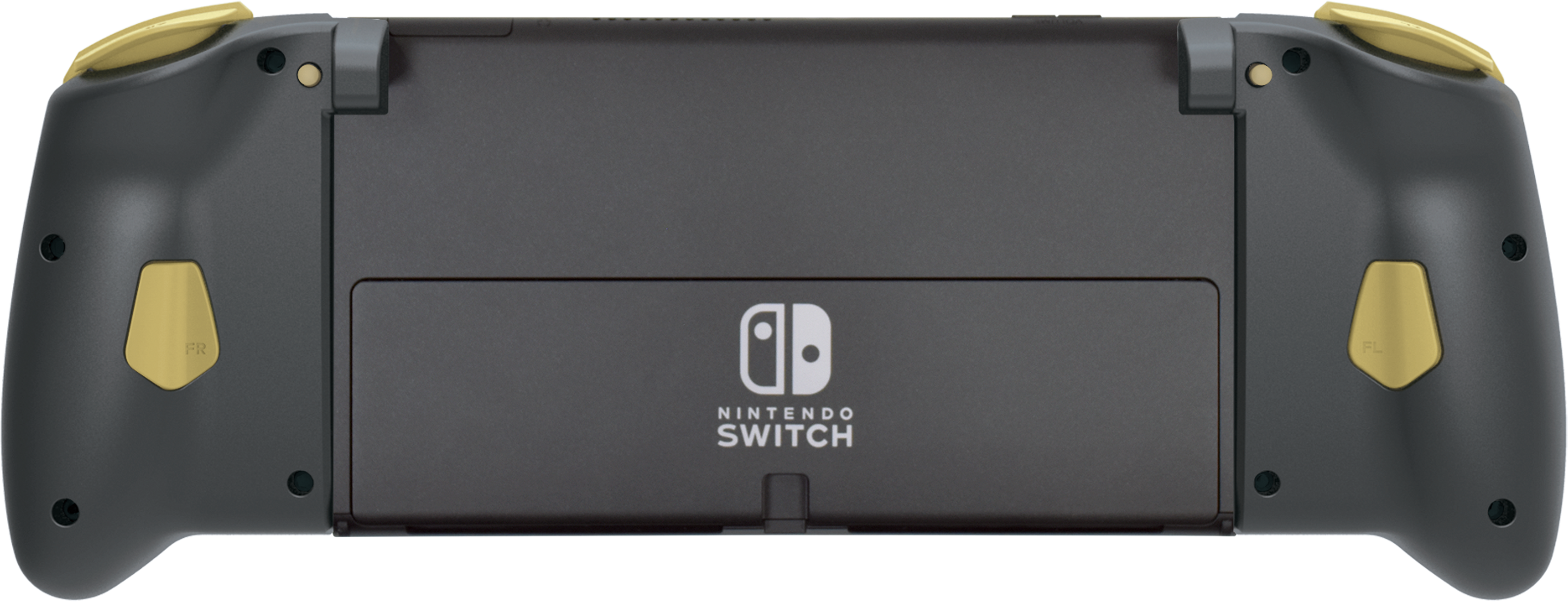 Rückseite eines grauen Nintendo Switch-Controllers, goldene Akzente, Logo.