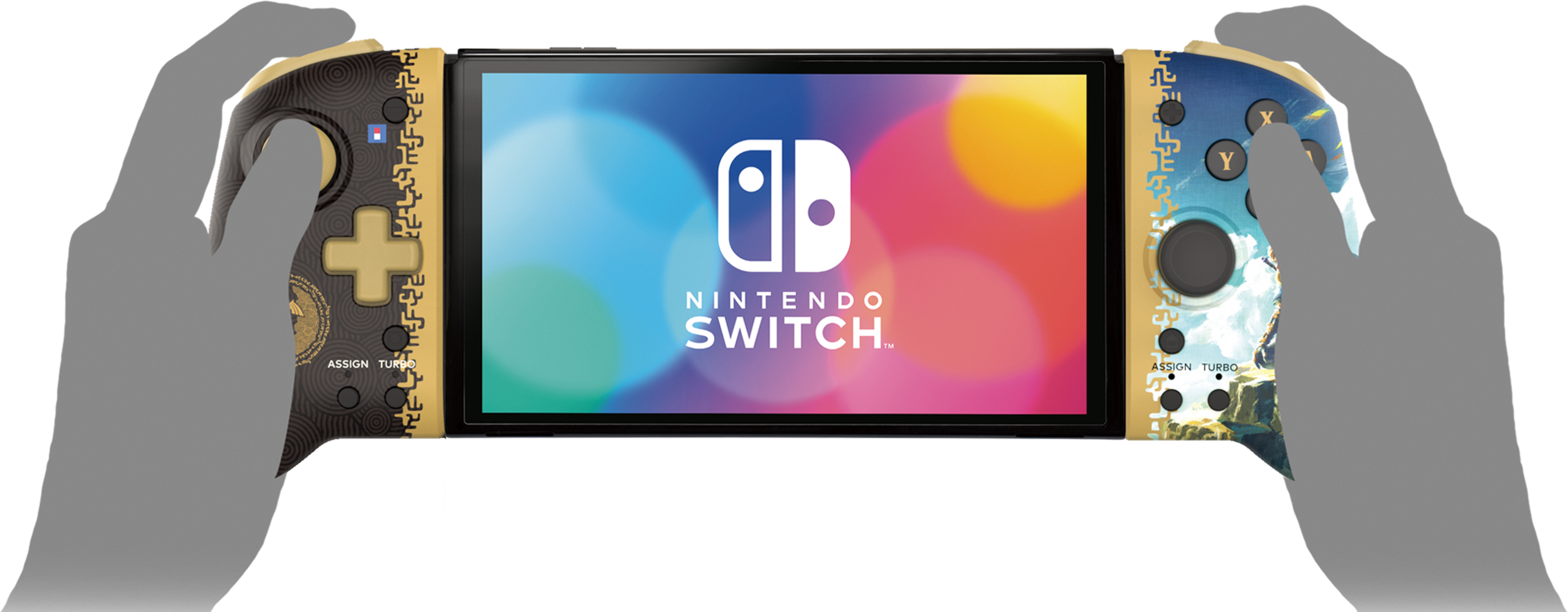 Hände halten Nintendo Switch mit angeschlossenen Controllern, zeigt ein Spiel.