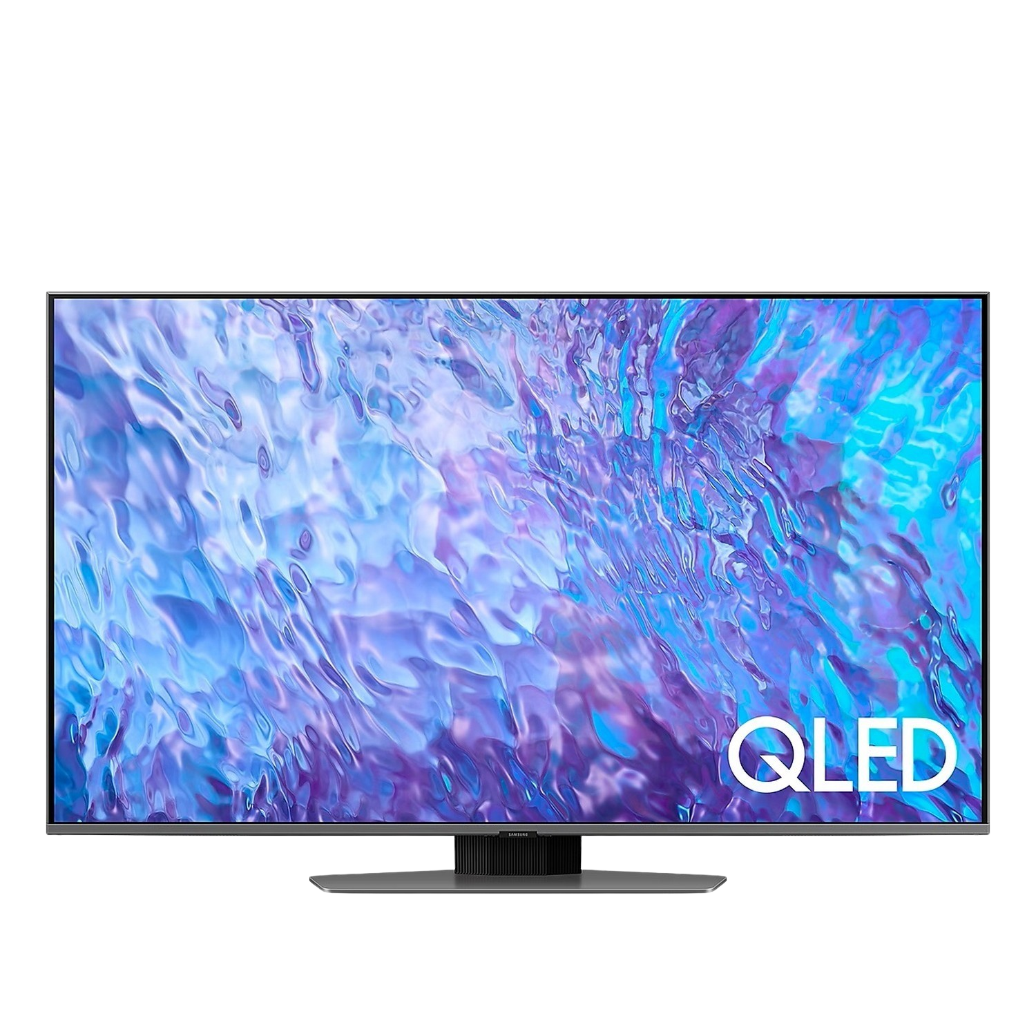 Téléviseur QLED sur fond noir, l'écran affiche une image violette et bleue.