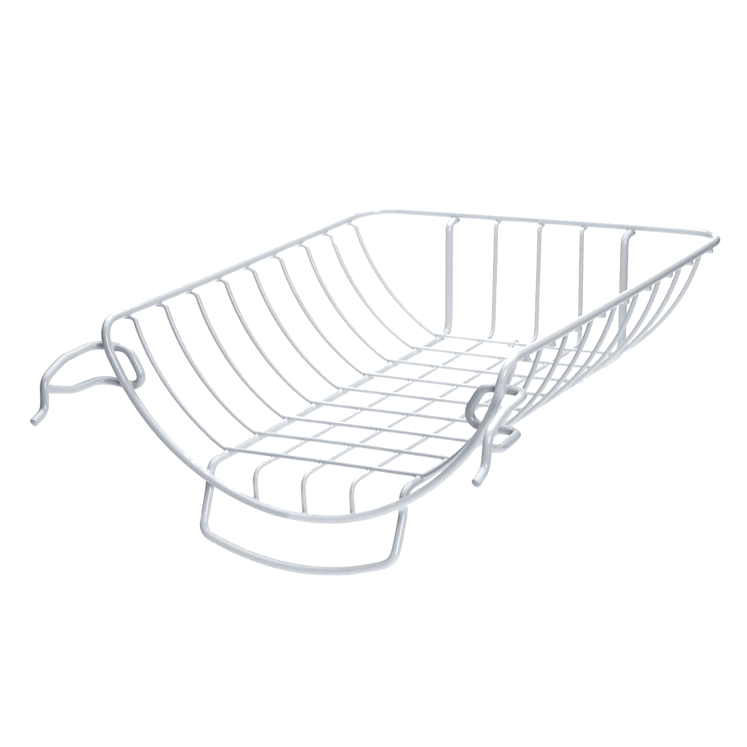 Una cesta de alambre plateada con asas. Tiene forma rectangular y está vacía.