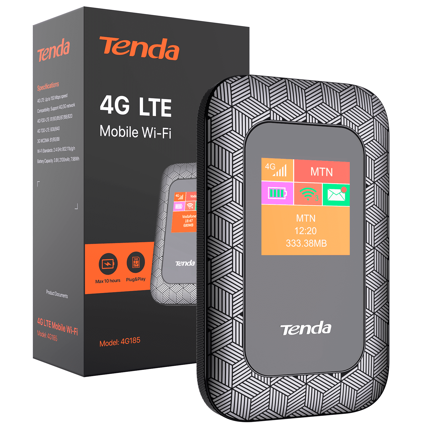 Router - Tenda 4G185, 4G WiFi, Hotspot red, MiFi, LTE 150Mbps, Hasta 10 Horas, Tarjeta SIM, Negro