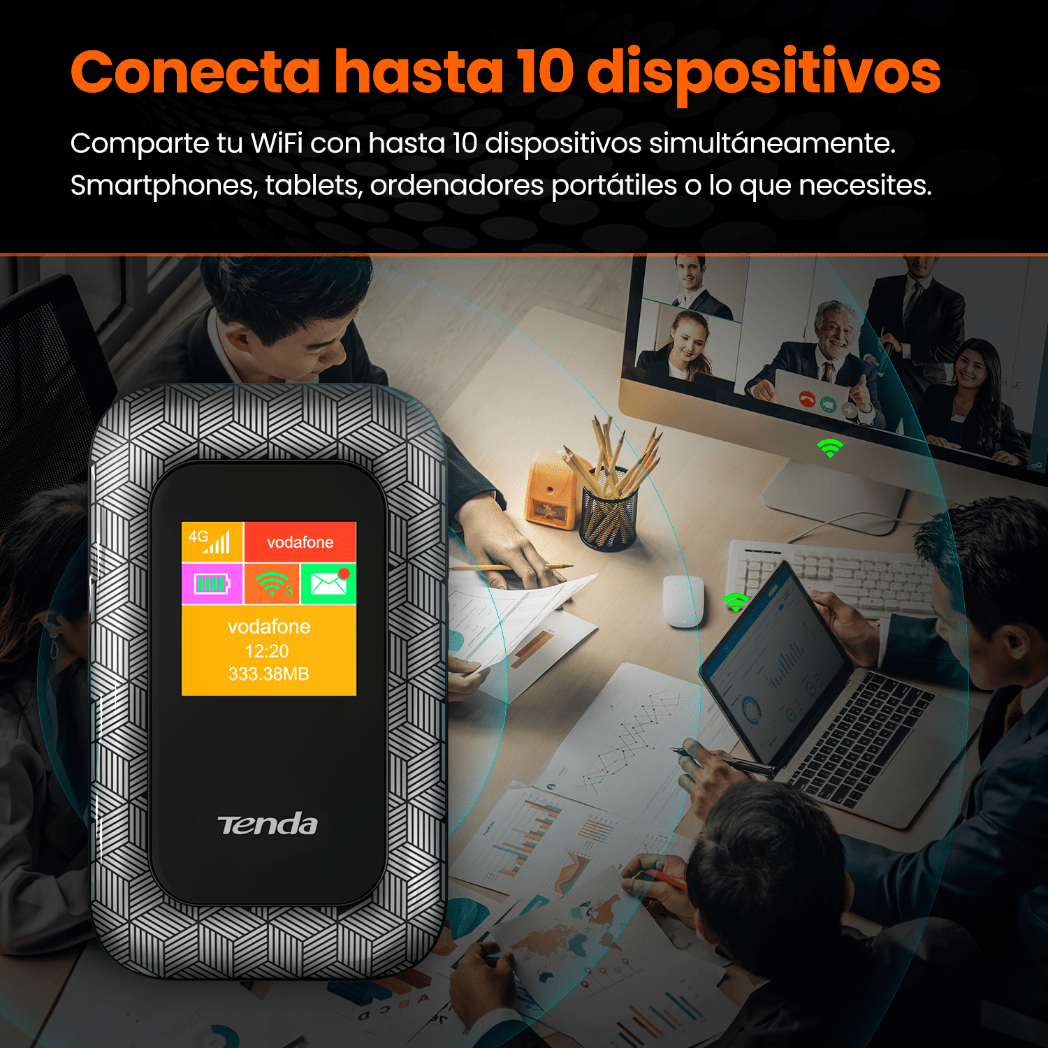 Router - Tenda 4G185, 4G WiFi, Hotspot red, MiFi, LTE 150Mbps, Hasta 10 Horas, Tarjeta SIM, Negro