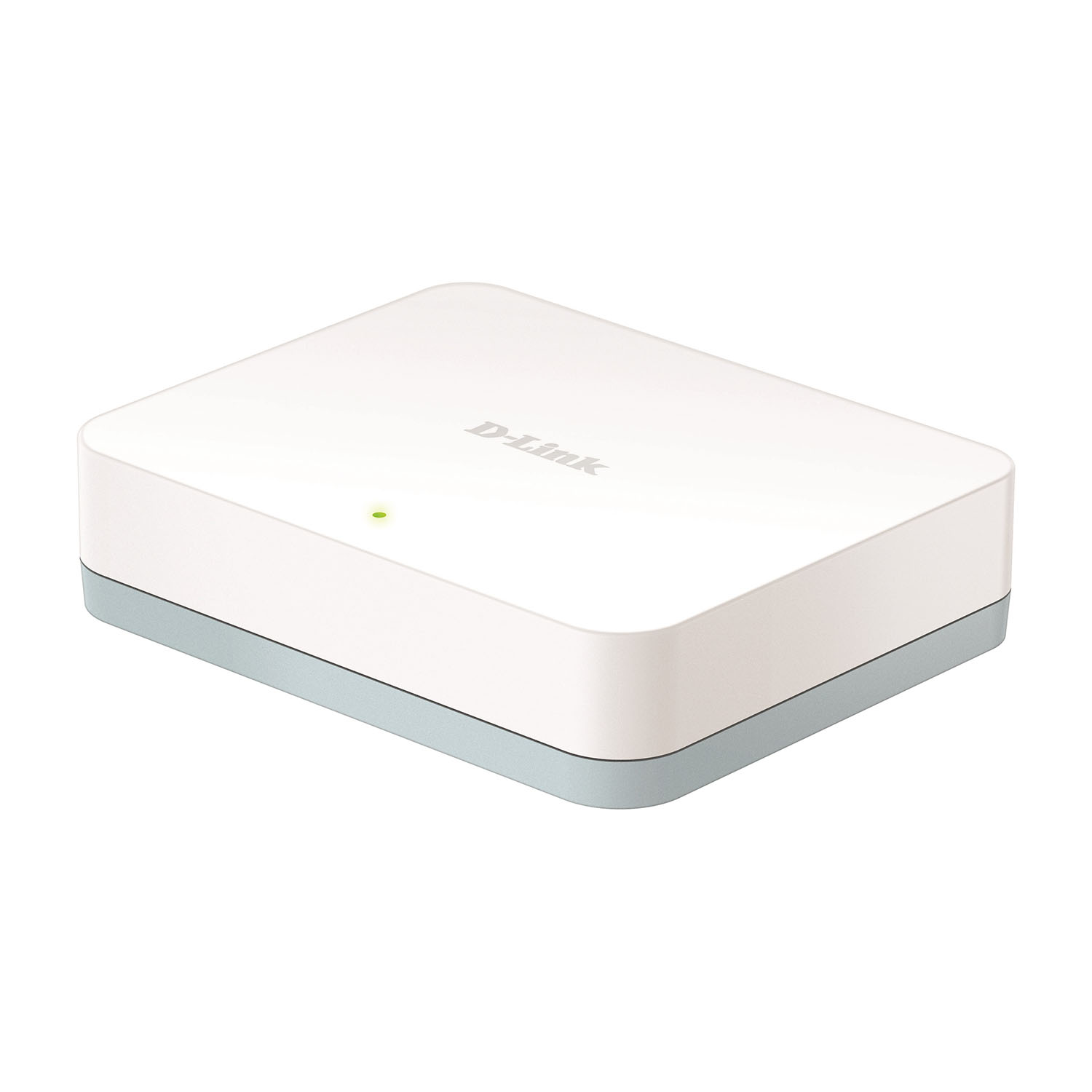 Dispositivo D-Link bianco con luce verde e base blu su sfondo bianco.