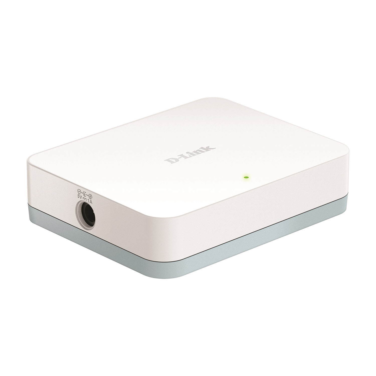 Un router D-Link bianco con una luce verde sopra, su una base azzurra.
