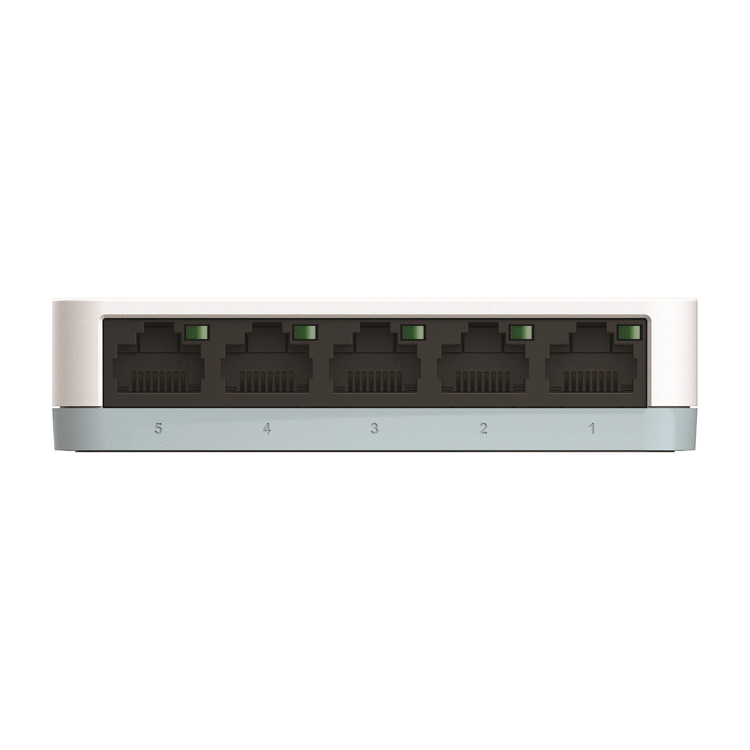 Switch di rete bianco con 5 porte, vista ravvicinata, su sfondo bianco.