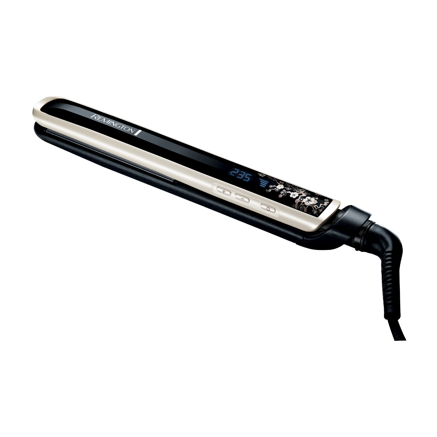 Piastra per capelli nera e crema. Il dispositivo ha un display digitale e un design floreale.