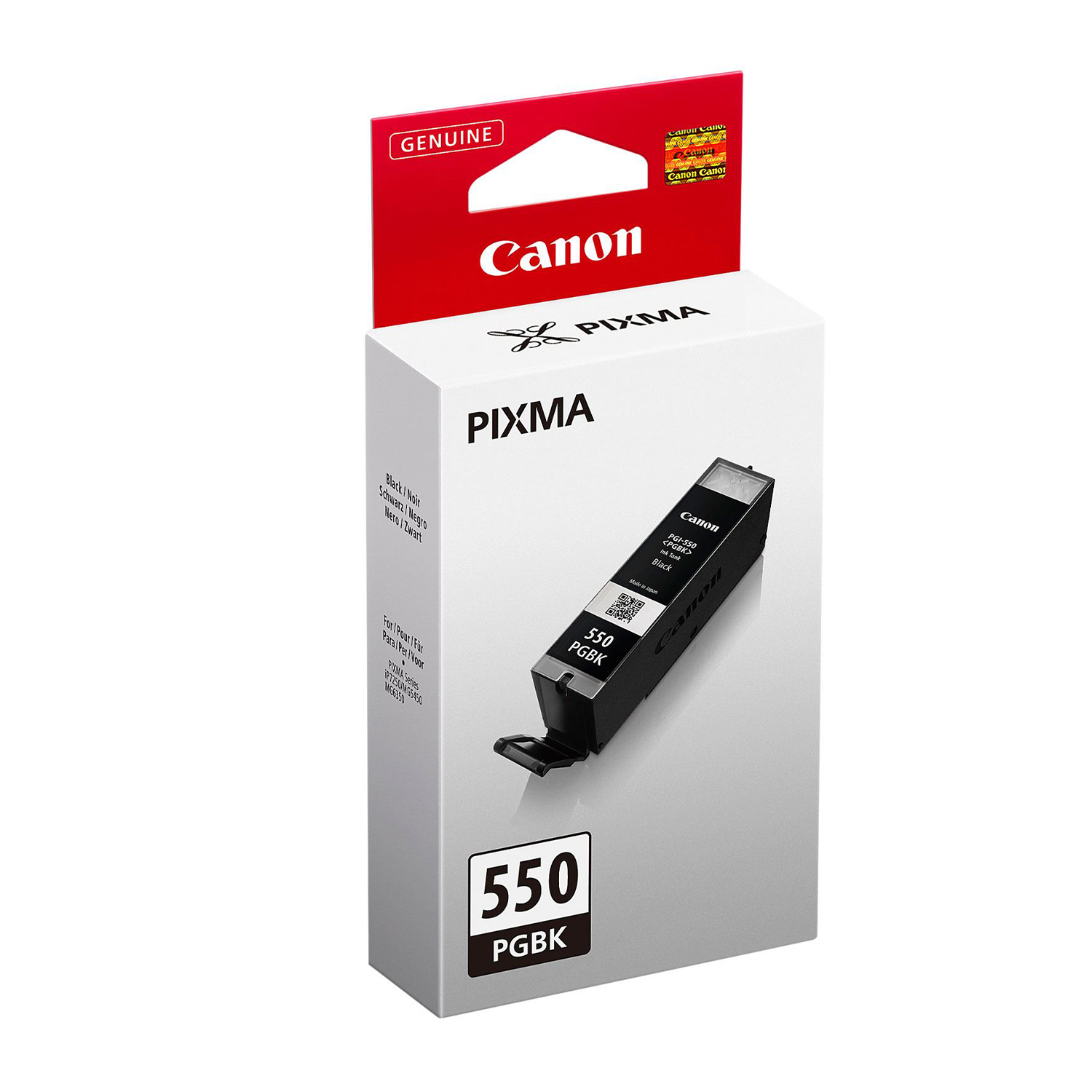 Cartuccia d'inchiostro per stampante Canon Pixma in una scatola bianca con dettagli neri.