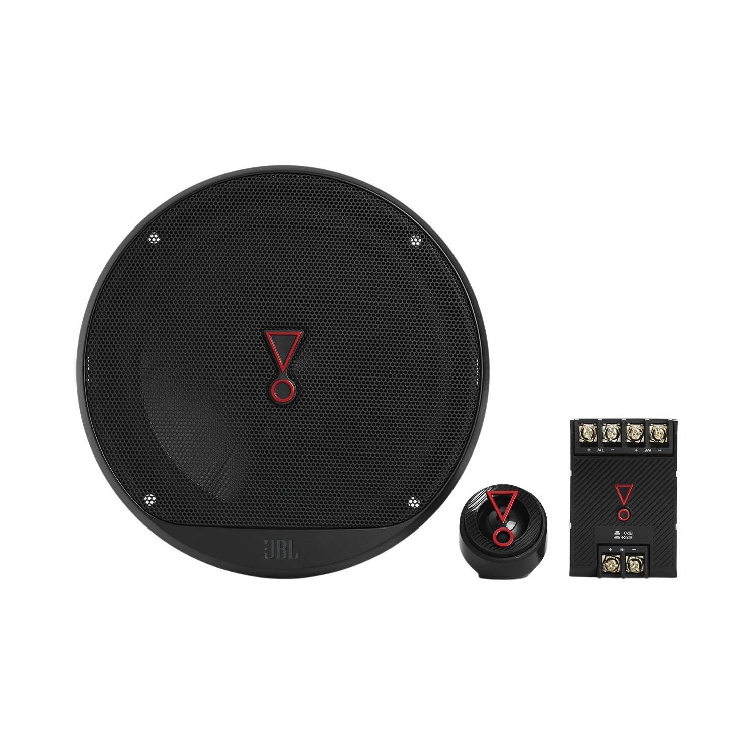 Zwarte JBL auto-luidsprekerset. Bevat een ronde luidspreker, een tweeter en een controlebox.
