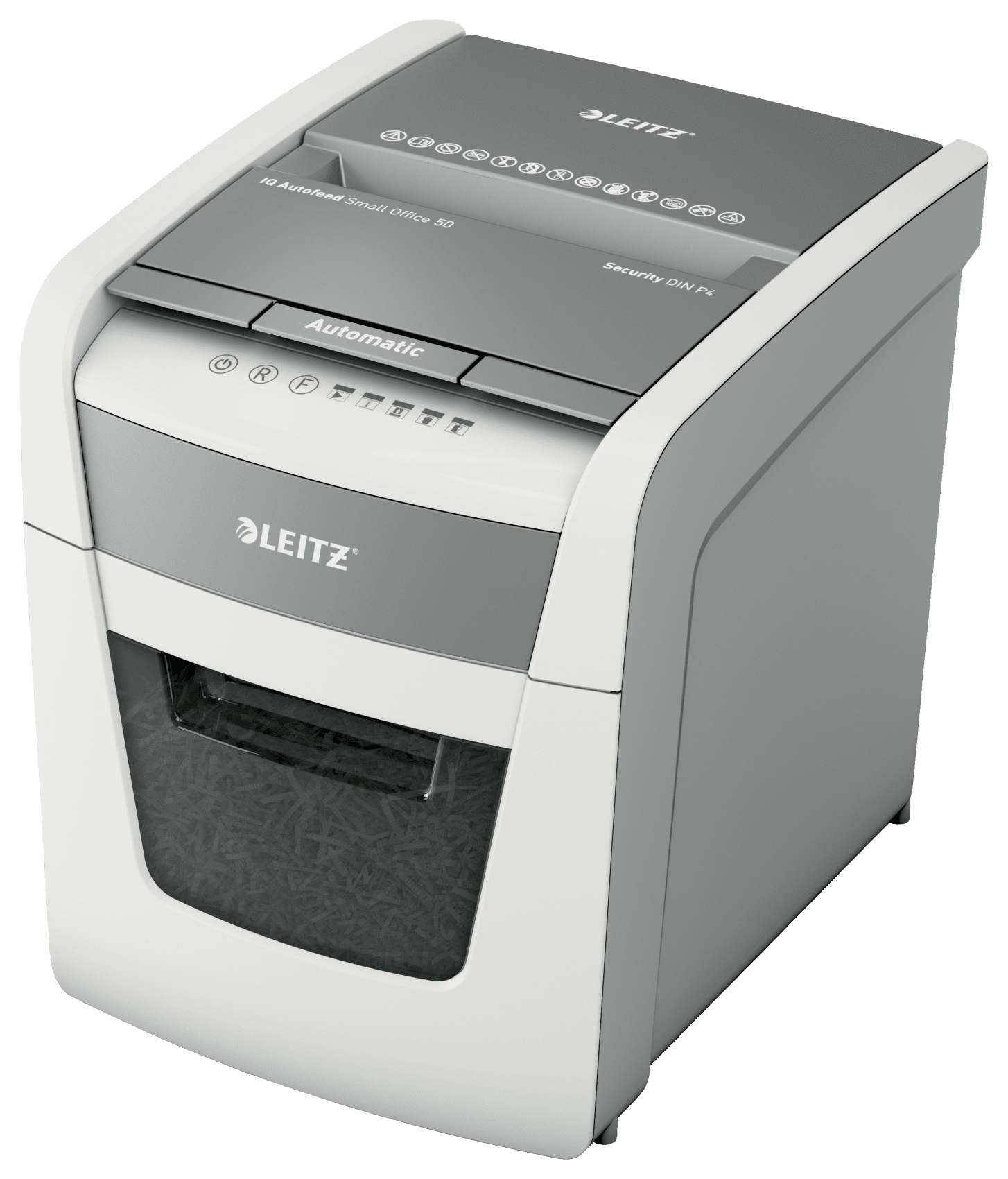 Leitz IQ Autofeed Small Office 50 iratmegsemmisítő, szürke és fehér, automata beállításokkal és aprítékkal.
