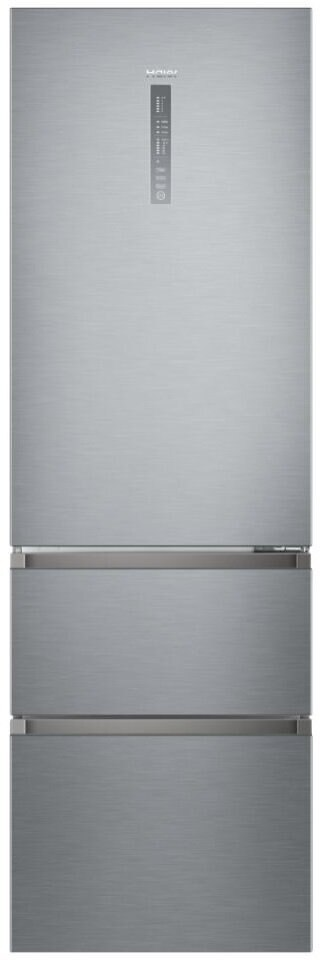 Srebrna lodówka, pełna wysokość. Dwie szuflady w dolnej połowie.