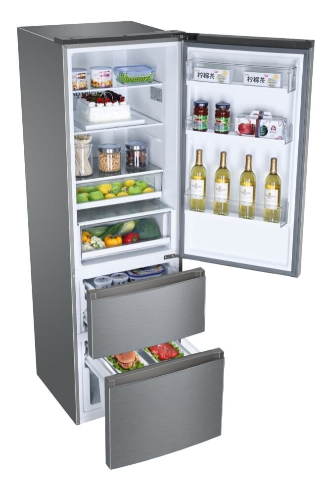 Lodówka z otwartymi drzwiami, wypełniona jedzeniem i napojami.